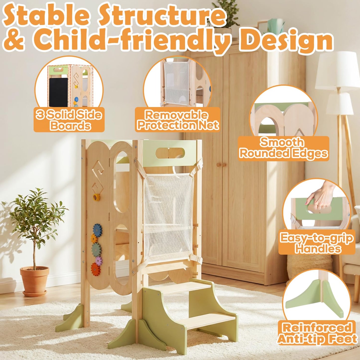 XYMERO 6 in 1 Toddler Tower with Removable Ladder, Foldable Wooden Kitchen Step Stool for Kids, Adjustable Children Helper Tower for Baby, Standing Tower with Safety Equipment and Black Board