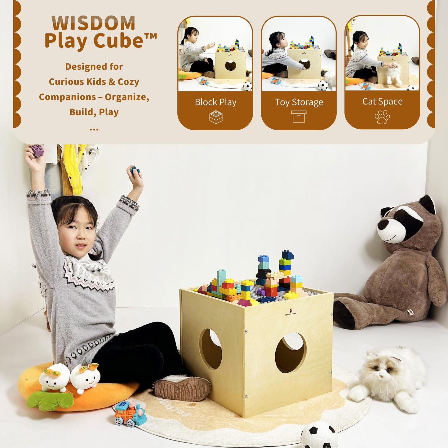 Damoch Family® Multi-Functional Wisdom Play Cube - Kids Play Table, Activity Center, Cube Toy, Toy Box Storage Organizer, Bedside Table & Cat Hideout |1.1 Pound Building Blocks & Base Plate Supplied