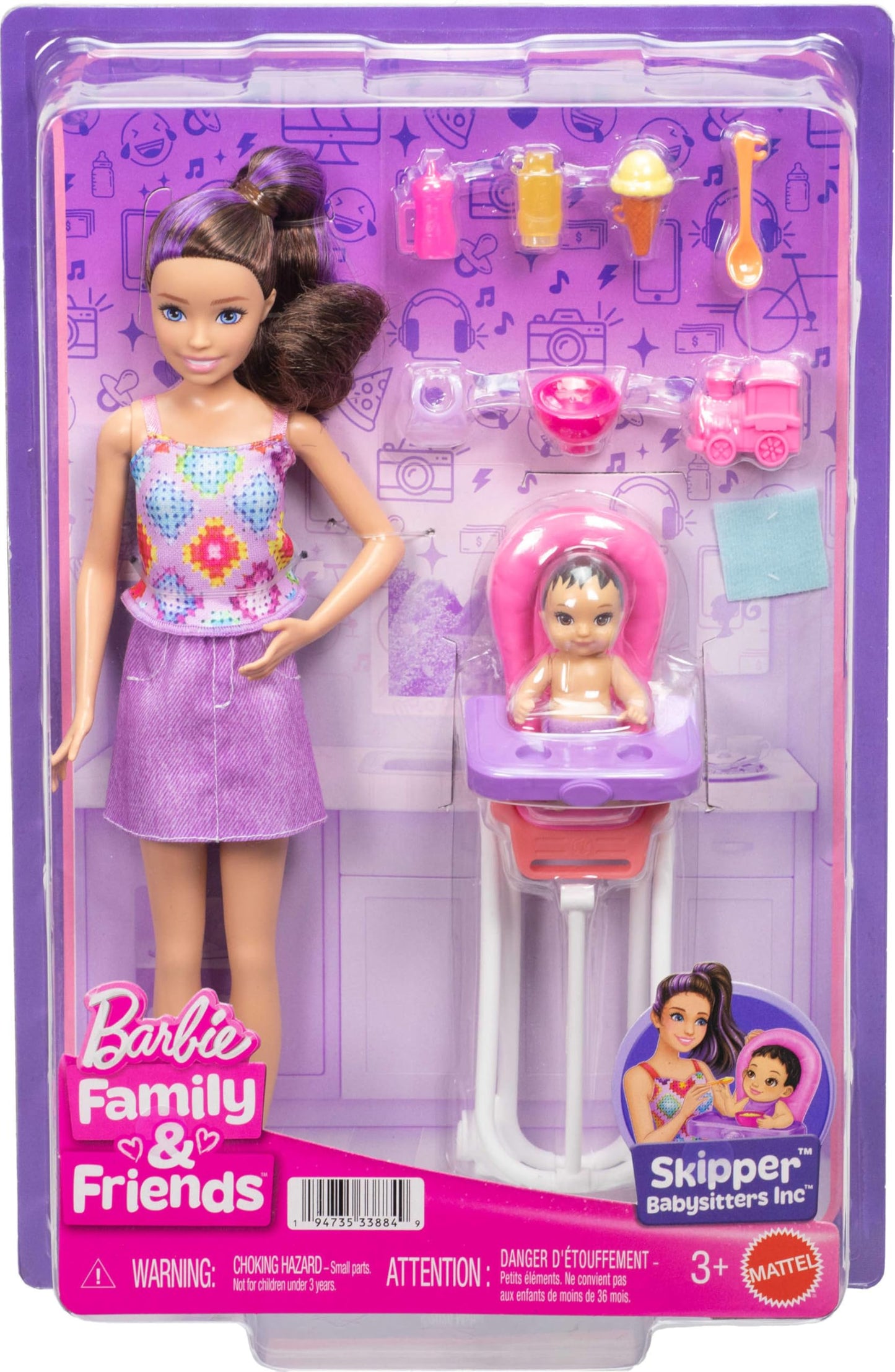 Barbie Skipper Babysitters, Inc. Playset with Brunette Doll, Brunette Toddler Doll, High Chair & 8 Accessories Including Food