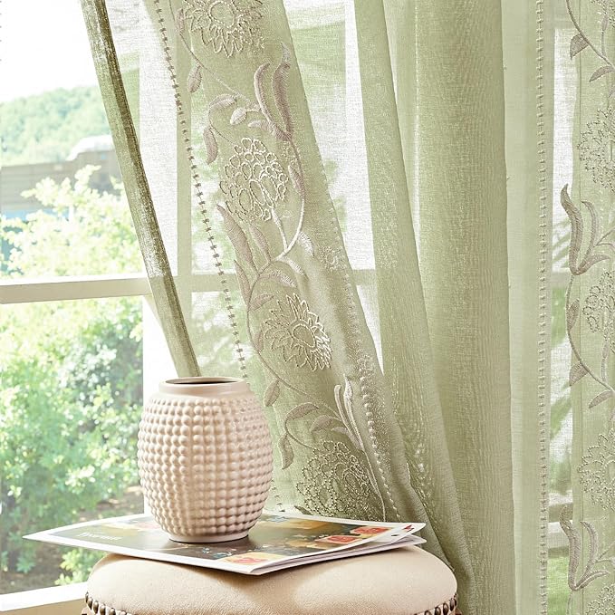 jinchan Winslow Sage Sheer Curtains 84 Inch for Bedroom Living Room Embroidered Bordered Floral Nursery Curtains for Playroom Dorm Light Filtering, Ivory on Sage, 2 Panels, 50W x 84L