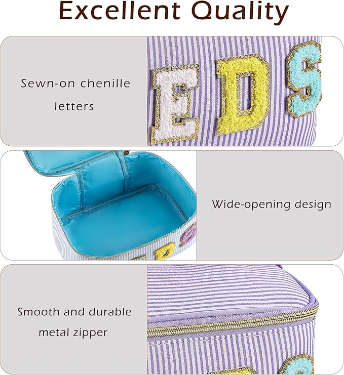 Chenille Letter MEDS Makeup Bag,Large Size Striped Medicine RX Cosmetic Bag with Top Handle, Aesthetic Seersucker First Aid Travel Organizer Bag for Women Girls(03Purple)