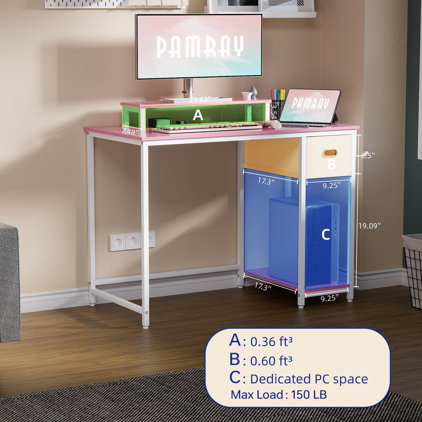 Pamray 39 Inch Computer Desk with Monitor Stand Small Home Office Desks with Non-Woven Storage Drawer for Bedroom Study Table Writing and Work Desk Pink