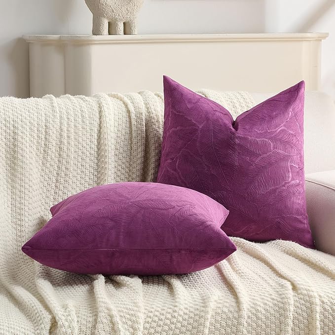 FUTEI Purple Velvet Throw Pillow Covers 12x20 Inch Set of 2,Soft Embossed Leaf-Relief Textured Lumbar Pillow Cases,Natural Home Decor for Couch Living Room