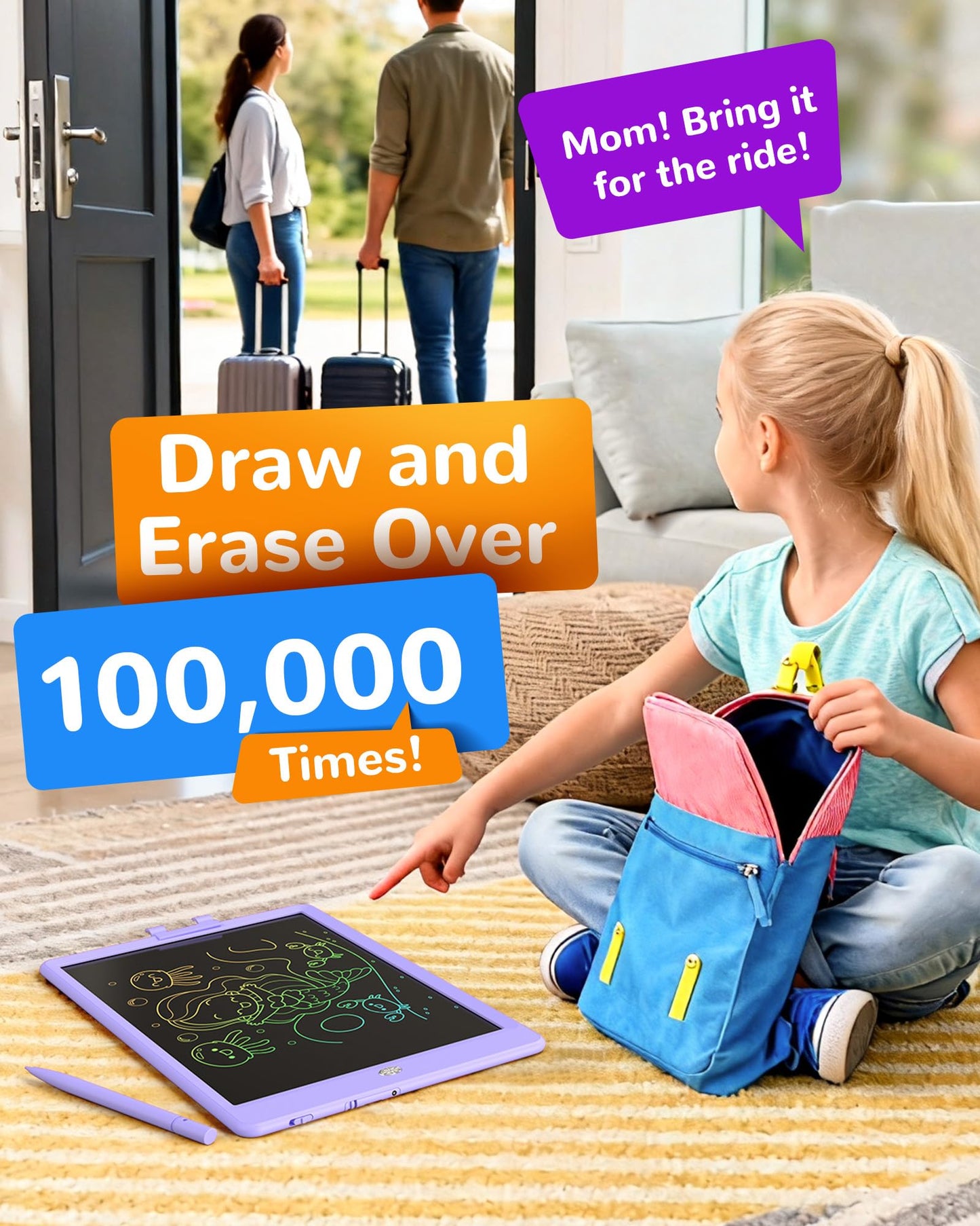 KOKODI LCD Writing Tablet, 10 Inch Colorful Toddler Doodle Board Drawing Tablet, Erasable Reusable Electronic Drawing Pads, Educational and Learning Toy for 3-6 Years Old Boy and Girls(Purple)