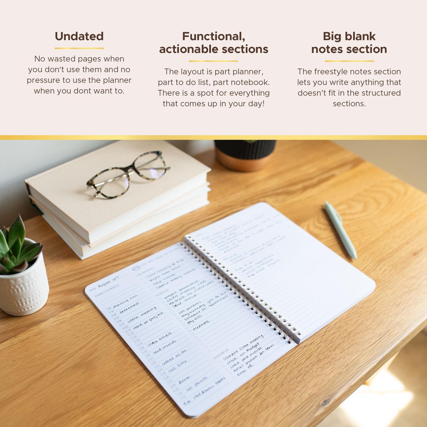 Simple Daily Planner Undated & To Do List Notebook: With Hourly Schedule - 6.5x9.25" Blush Pink - Aesthetic Spiral Note book for Work and Life Tasks - Day & Hour Agenda, Organizer Notepad Journal