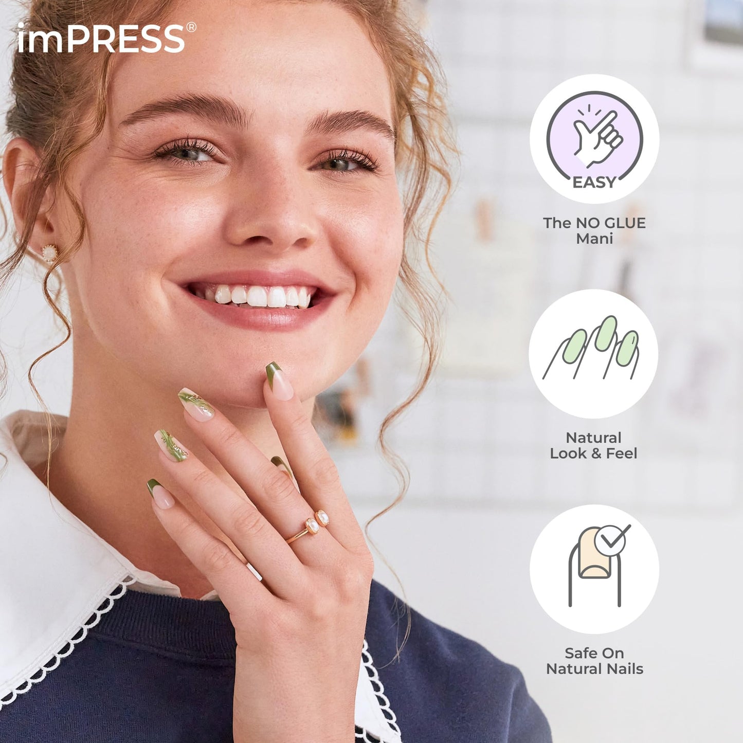 Kiss Impress No Glue Mani Press On Nails, Design, 'Rain Check', Blue, Short Size, Squoval Shape, Includes 30 Nails, Prep Pad, Instructions Sheet, 1 Manicure Stick, 1 Mini File