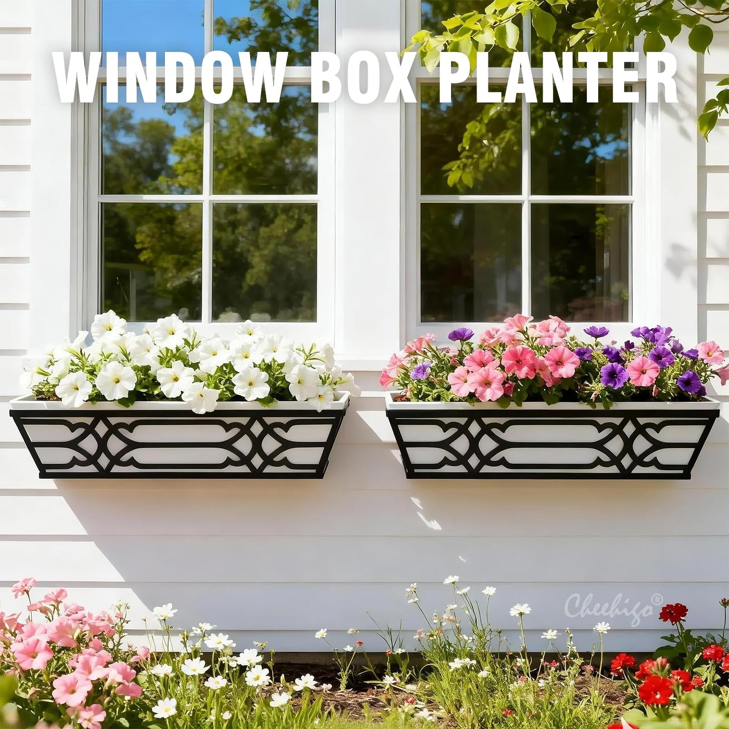 Railing Planter Box, Window Planter Box 24 Inch 2 Pack, Metal Hanging Flower Boxes with Non-Woven Fabric Liner, Adjustable Brackets for Deck Railing, Fence, Balcony, and Porch, Black