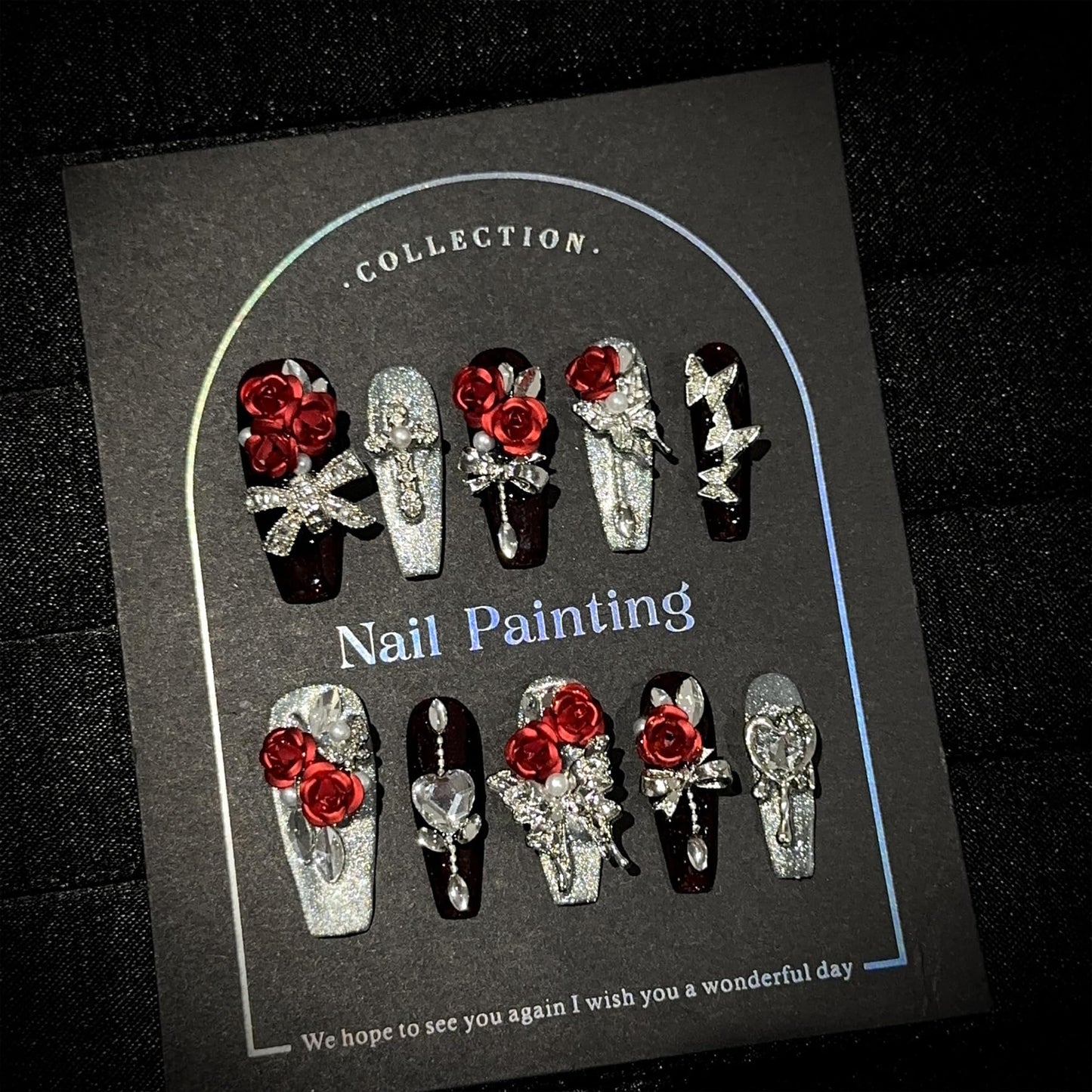 Handmade Press on Nails 10 PCS Long Square 3D Rhinestones Rose & Butterflies Size M Handmade luxury Pearl Charm Layer Gel False Nails for Women(Black&Silver)