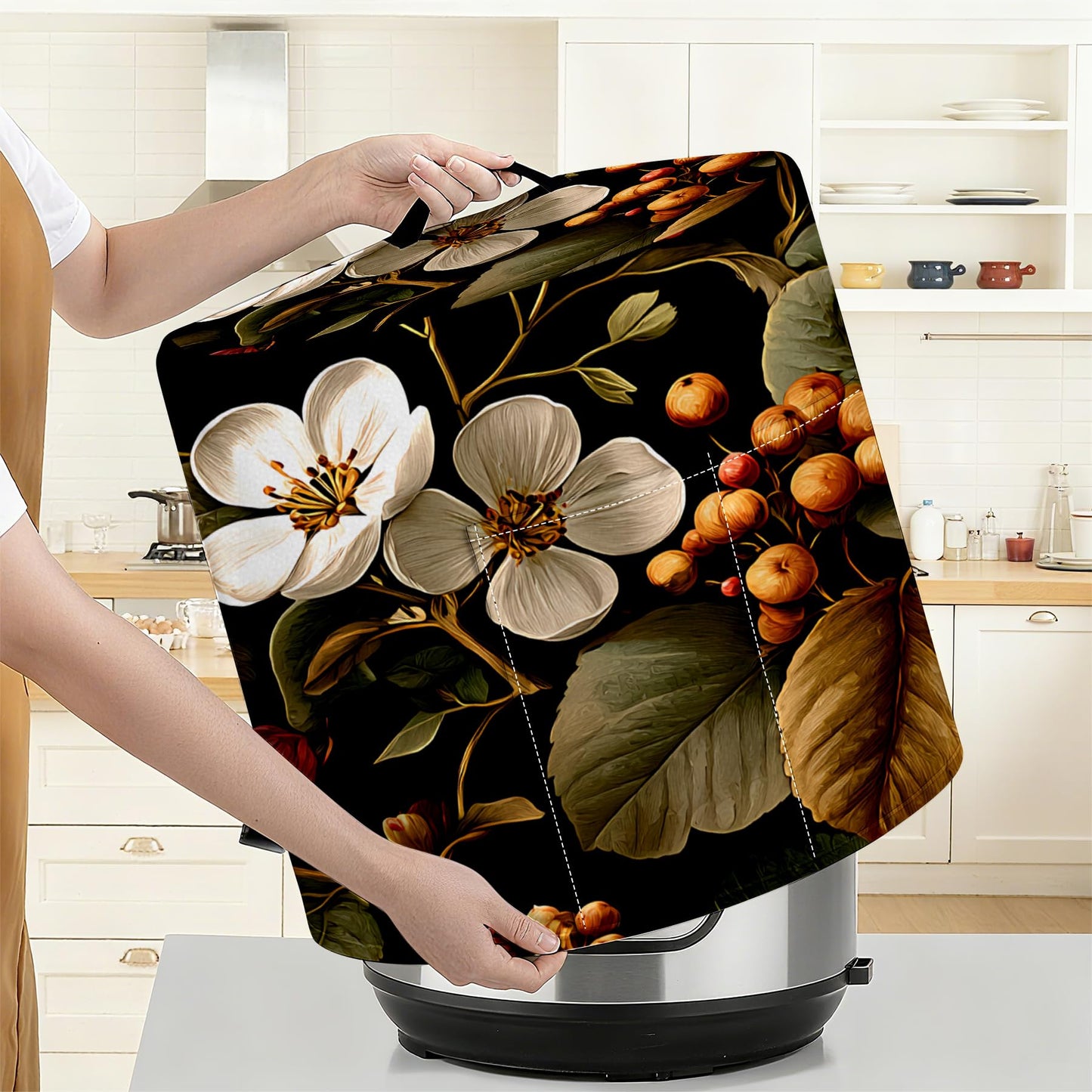 Kitchen Appliance Accessories Dust Cover for 3-6-8 Quart Pot,Decorative Appliance Cloth Cover with Top Handle & Storage Pockets (White flower, 6 Quart)