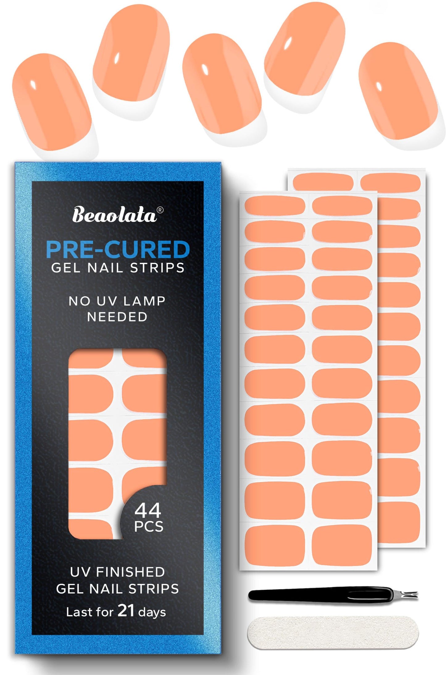 Beaolata Real Gel Nail Strips (No UV Light Needed) - 44Pcs Salon Quality Nail Stickers - Long Lasting Polish Wraps for Women, Easy Apply & Remove (Marigold Orange