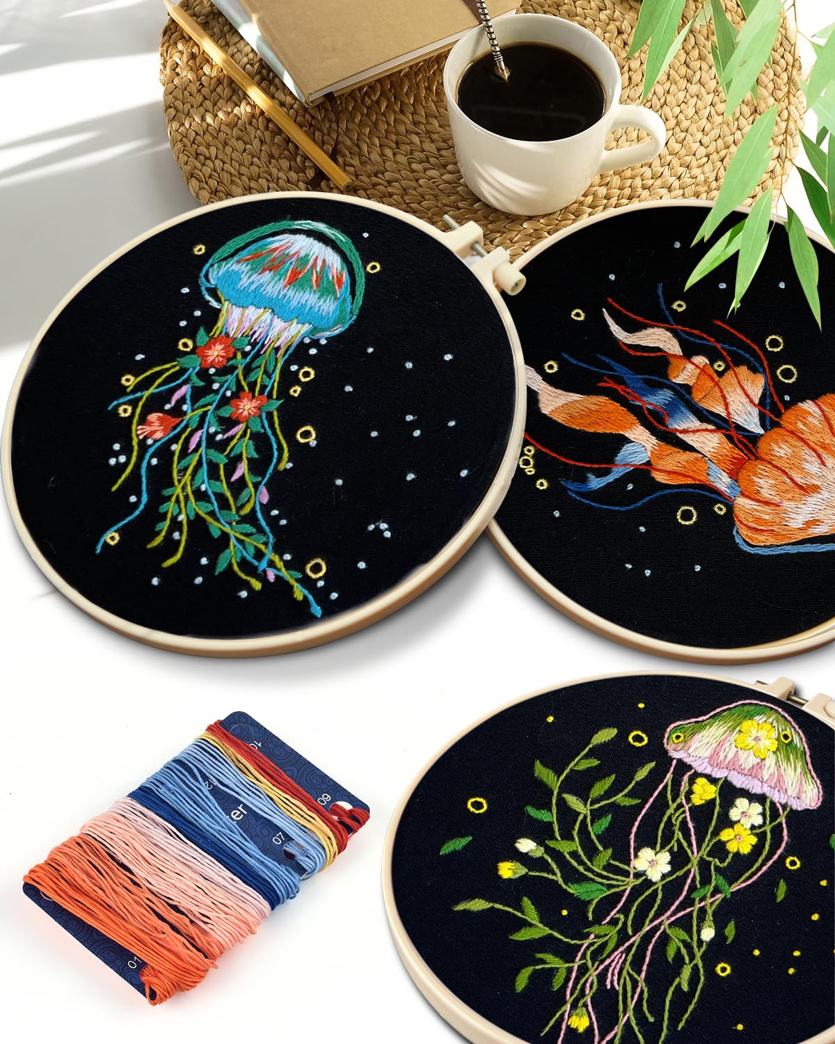 TINDTOP Embroidery Kit for Adults, 5 Sets Jellyfish Embroidery Kit for Beginners Include Embroidery Cloth Hoops Threads for Craft Lover Hand Stitch with Embroidery Skill Techniques