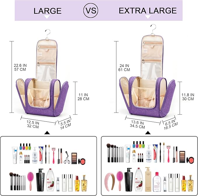 Hanging Travel Toiletry Bag for Women and Men, 6 Organizer Compartments, Large Toiletries essentials, Bathroom Cosmetic Accessories, Water-resistant Makeup Bag, Holds Full-Size Shampoo, Purple
