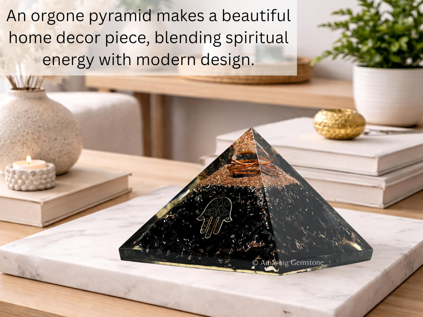 Amazing Gemstone Large Black Tourmaline Orgone Pyramid Crystal, Hamsa Hand Evil Eye Orgonite Pyramid - Positive Energy Healing