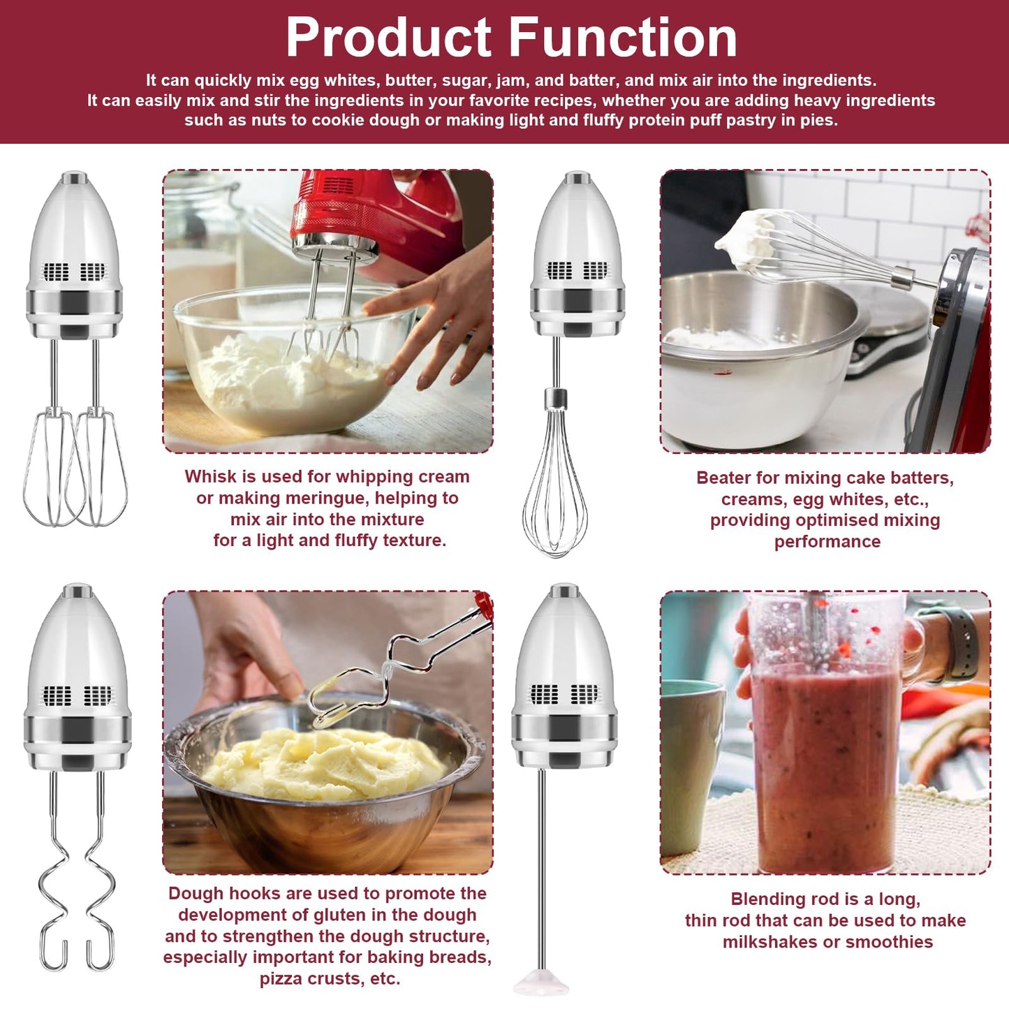 Hand Mixer Attachments Beater, Whisk, Blending Rod and Dough Hooks, Stainless Steel Hand Mixer Accessories Compatible with Kitchenaid Hand Mixers KHM3 KHM5 KHM7 KHM9, Set of 6