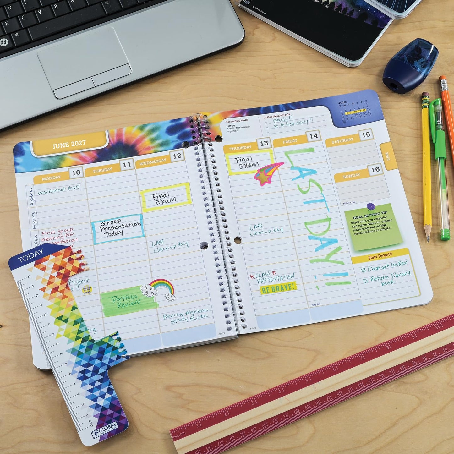 Global Datebooks 2026-2027 Middle & High School Student Planner 7" x 9" - Dated Weekly & Monthly Academic Planner w/Ruler/Bookmark & Stickers, Ideal for Homework, Matrix Style, Triple Stripe