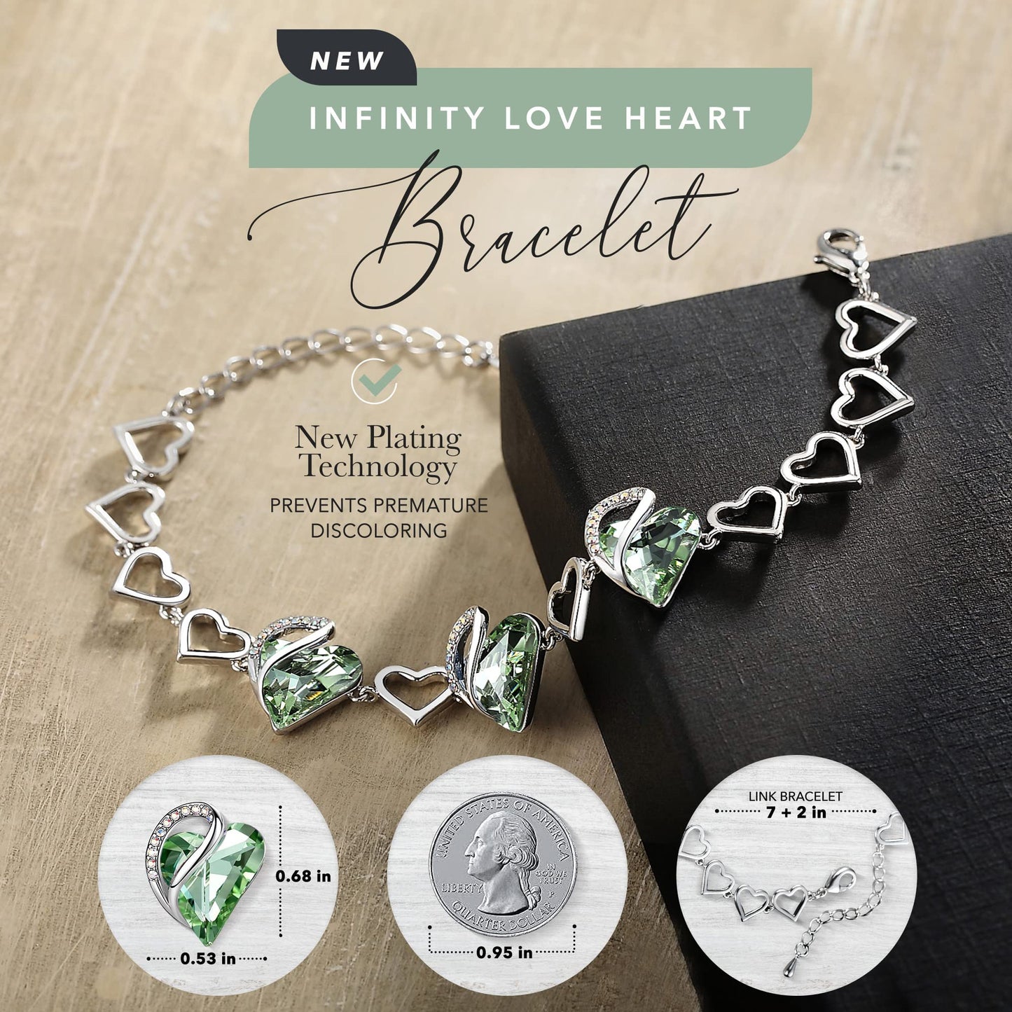 Leafael Infinity Love Heart Gift Bracelet for Women, August Birthstone Crystal, Light Chrysolite Green, Silver Tone, 7-inch Chain and 2-inch Extender