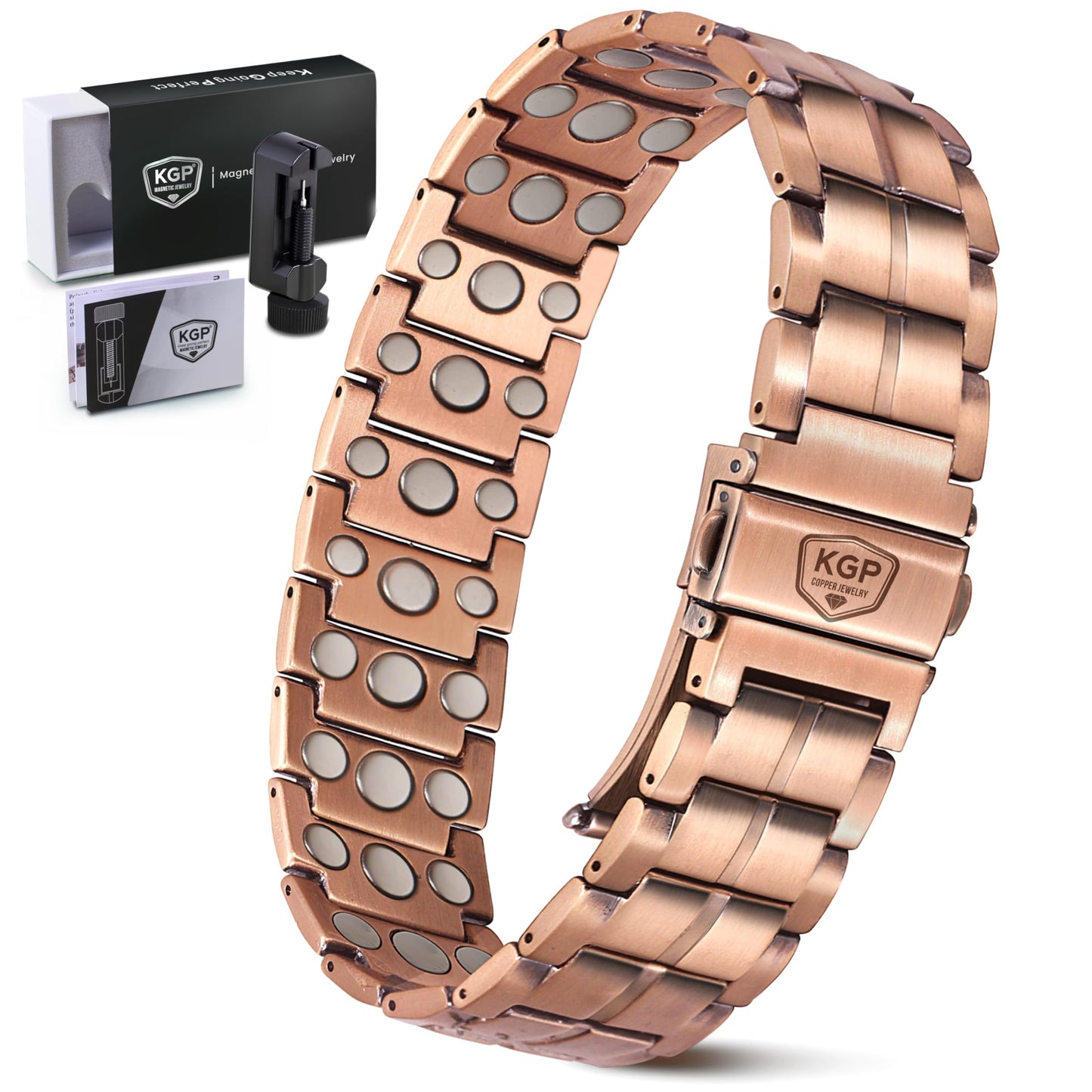 KGP® Mens Magnetic Copper Bracelet | 3X Strength Ultra Enhanced Magnets | 99.99% Solid Pure Copper Therapy Wristband for Men | Adjustable Magnetic Copper Jewelry with Gift Box