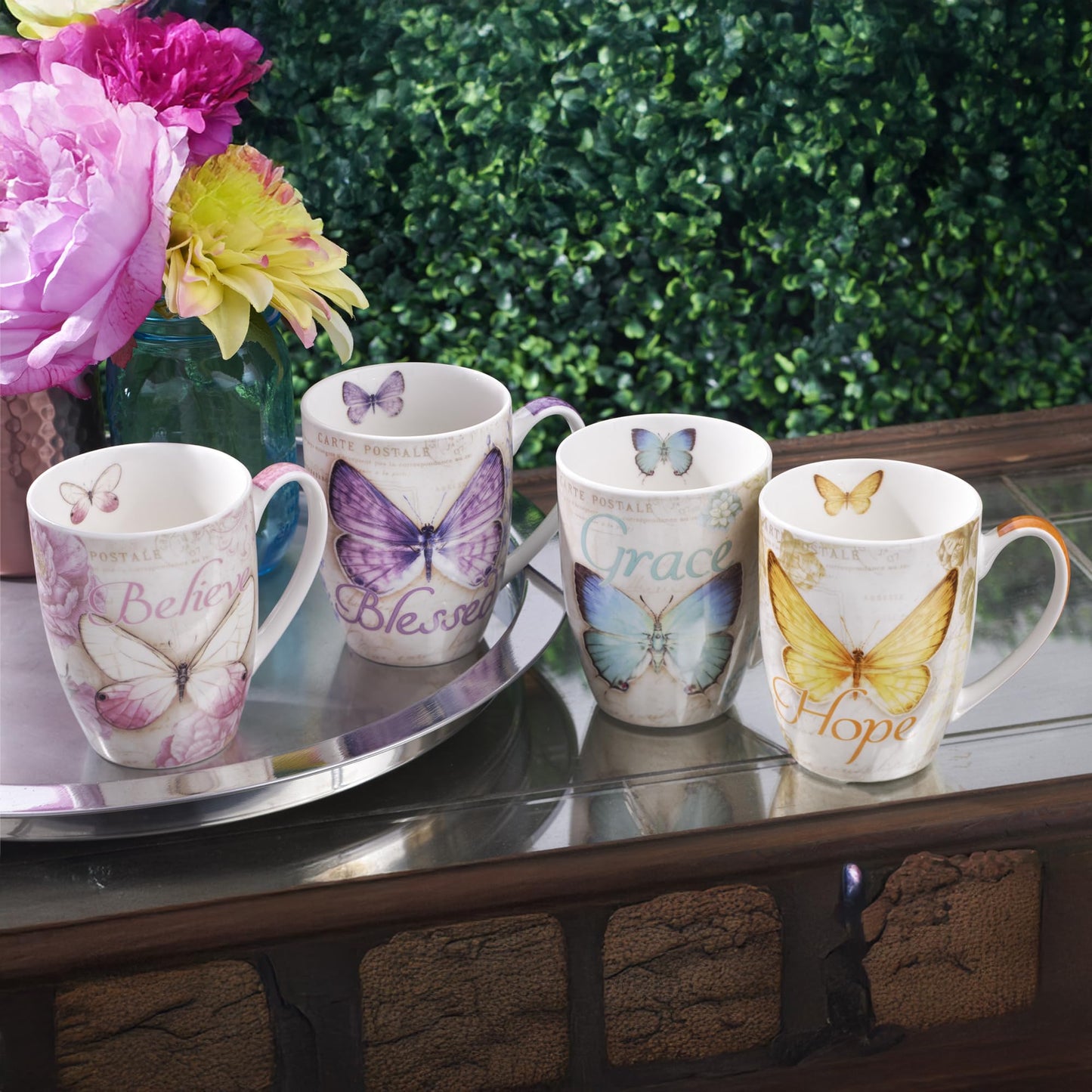 Christian Art Gifts Ceramic Mug Set-Butterflies (Set Of 4)