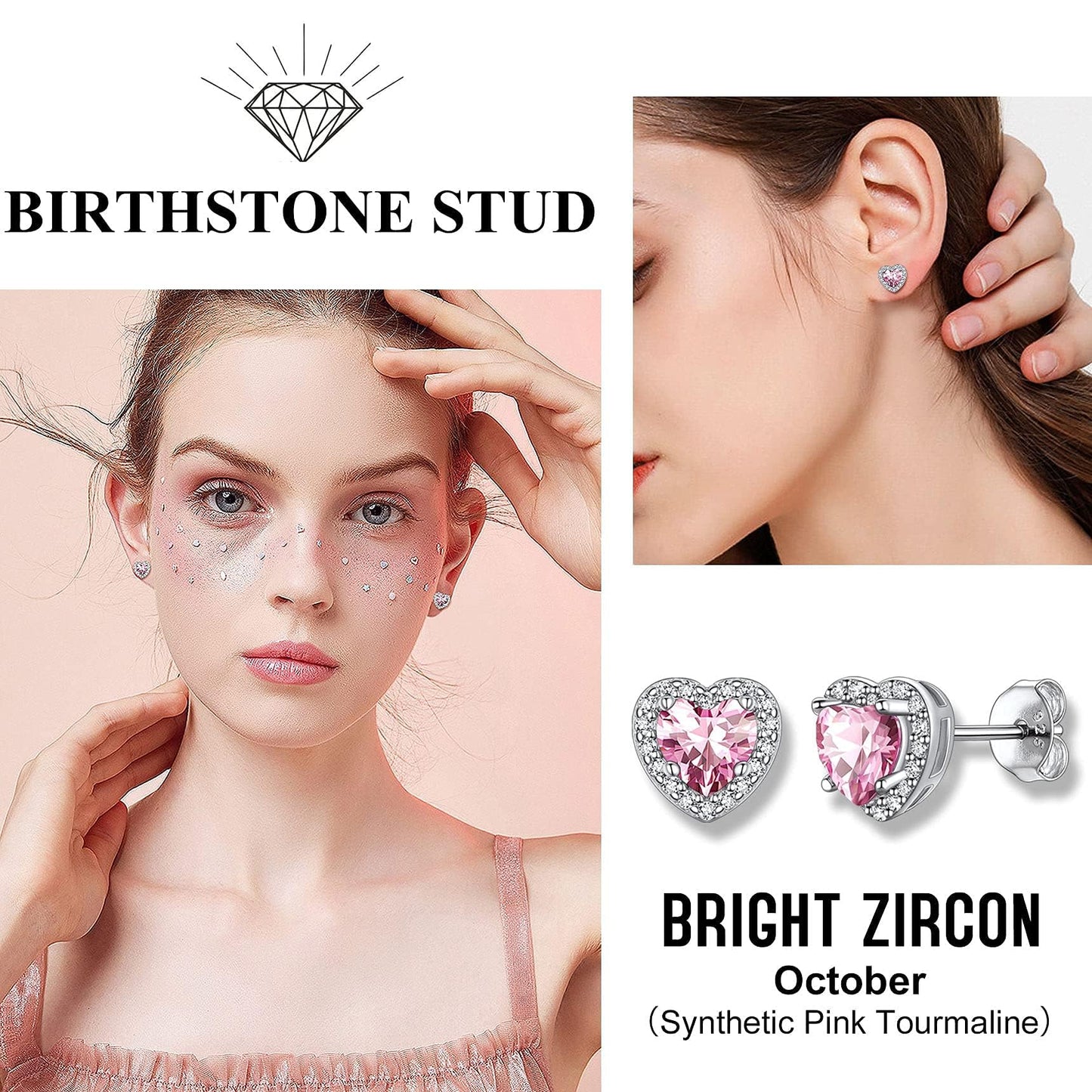 Bestyle Infinity Love Heart Stud Earrings with October Pink Tourmaline Birthstone Crystal, Brilliant Love Heart Diamond Studs Statement Jewelry for Women