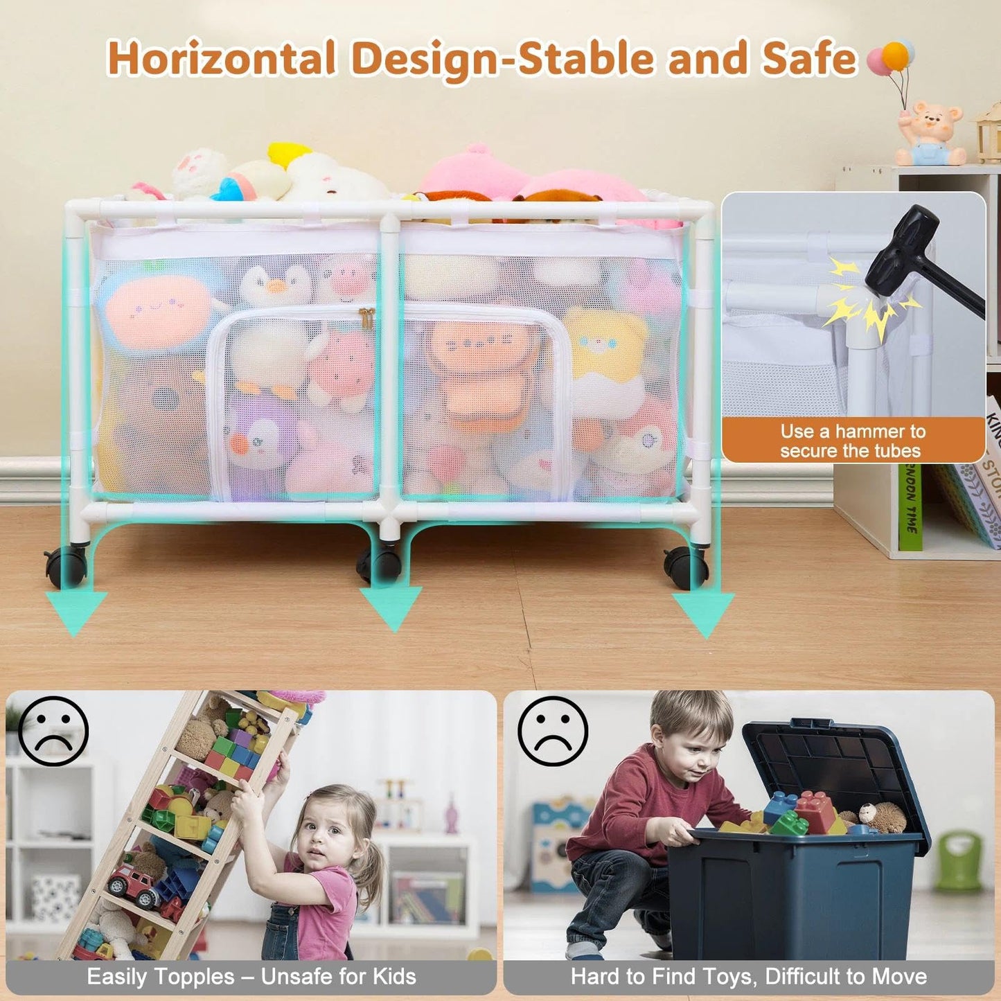 FIOBEE Toy Box for Girls Boys with See-through Mesh & 360° Rotating Wheels Toy Chest Organizer Easy Install Stuffed Animal Storage for Nursery Playroom Toy Storage Bin, White