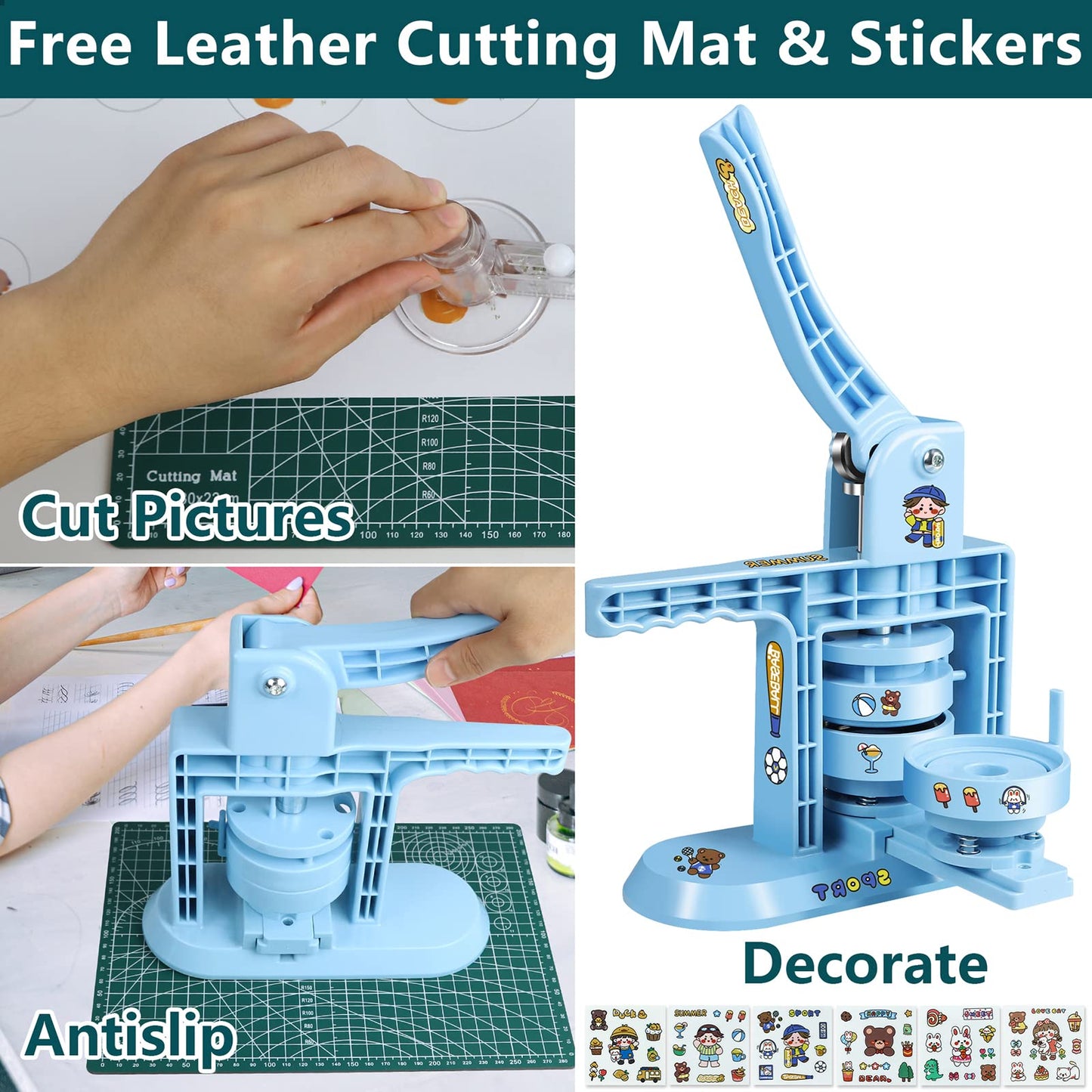 MK.Bear Button Maker Machine Multiple Sizes 1+1.25+2.25inch(4th Gen), DIY Button Pin Maker Machine Kit, Badge Press Machine with 300PCS 25+32+58mm Button Making Supplies& Cutting Mat&Circle Cutter