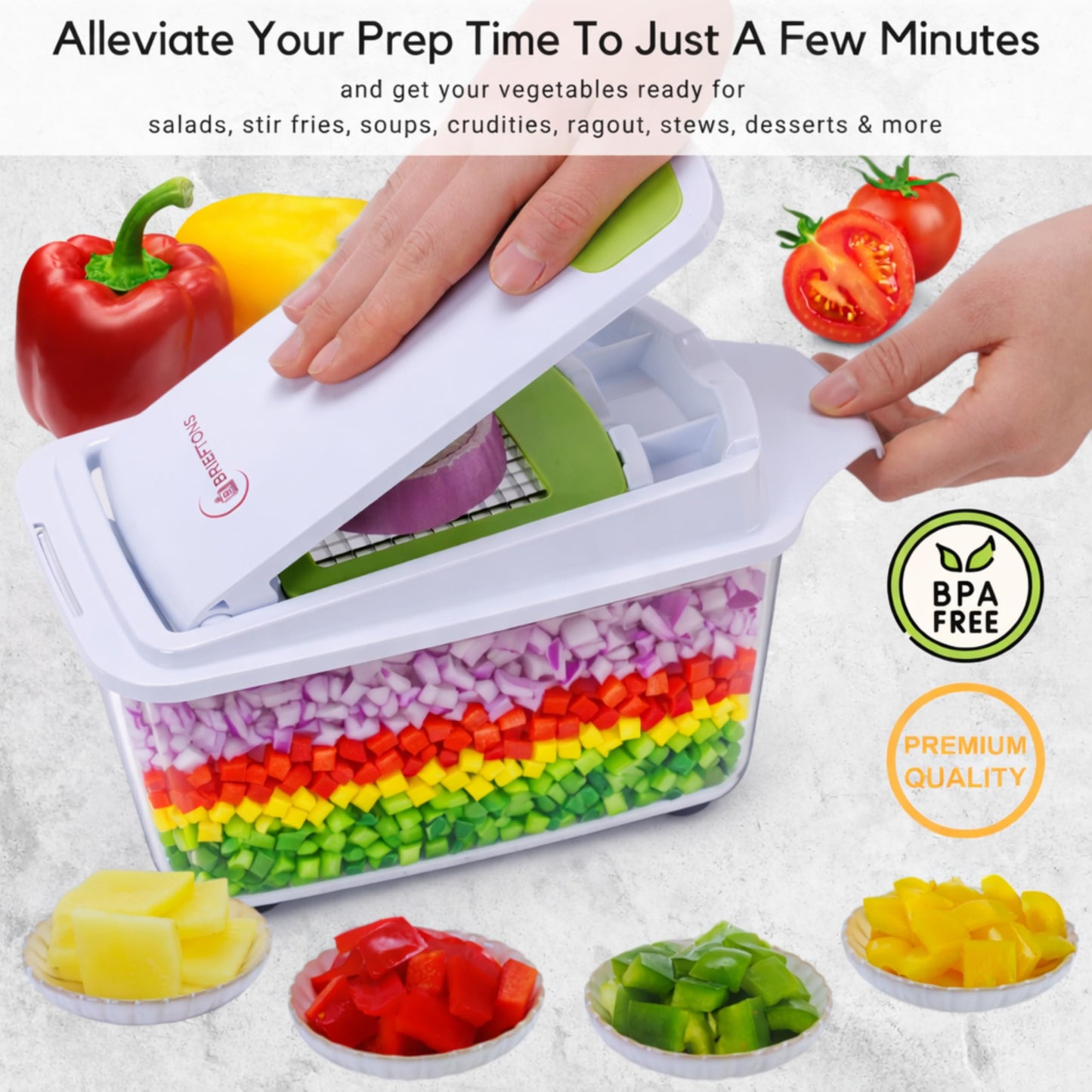 Brieftons QuickPush Food Chopper: Strongest & 200% More Container Capacity, 30% Heavier Duty, For Onion, Fruit and Vegetable Chopping, with 3 Dicer Cutter Blades, Keep-Fresh Lid, and 5 Recipe Ebooks