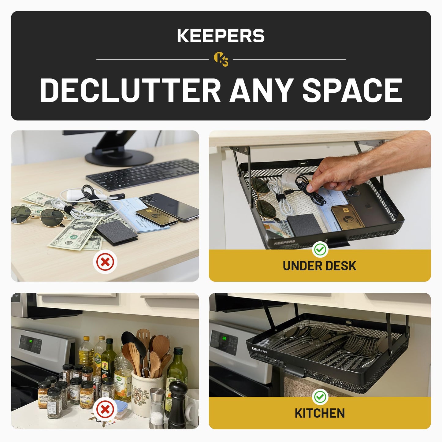 KEEPERS - Under Desk Drawer Slide Out – Metal Under Desk Storage Drawer for Office, Home, RV, Kitchen – Slim Under Table Attachment with Easy DIY Mount - Under Desk Organizer - Fits in 11x10x2In