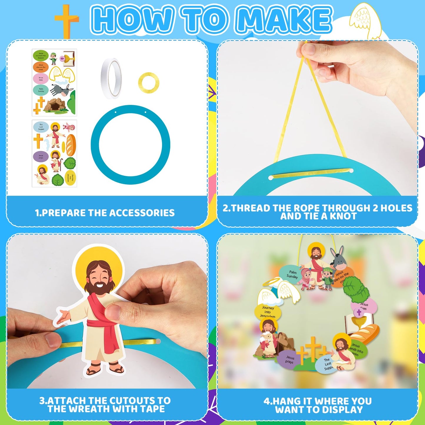 PAIVSUN 12Pcs Easter Wreath Craft Kits, DIY Holy Week Christian Wreath Hanging Ornaments, Make Your Own Religious Paper Arts Craft for Sunday Party Favors Home Activities Front Door Decor