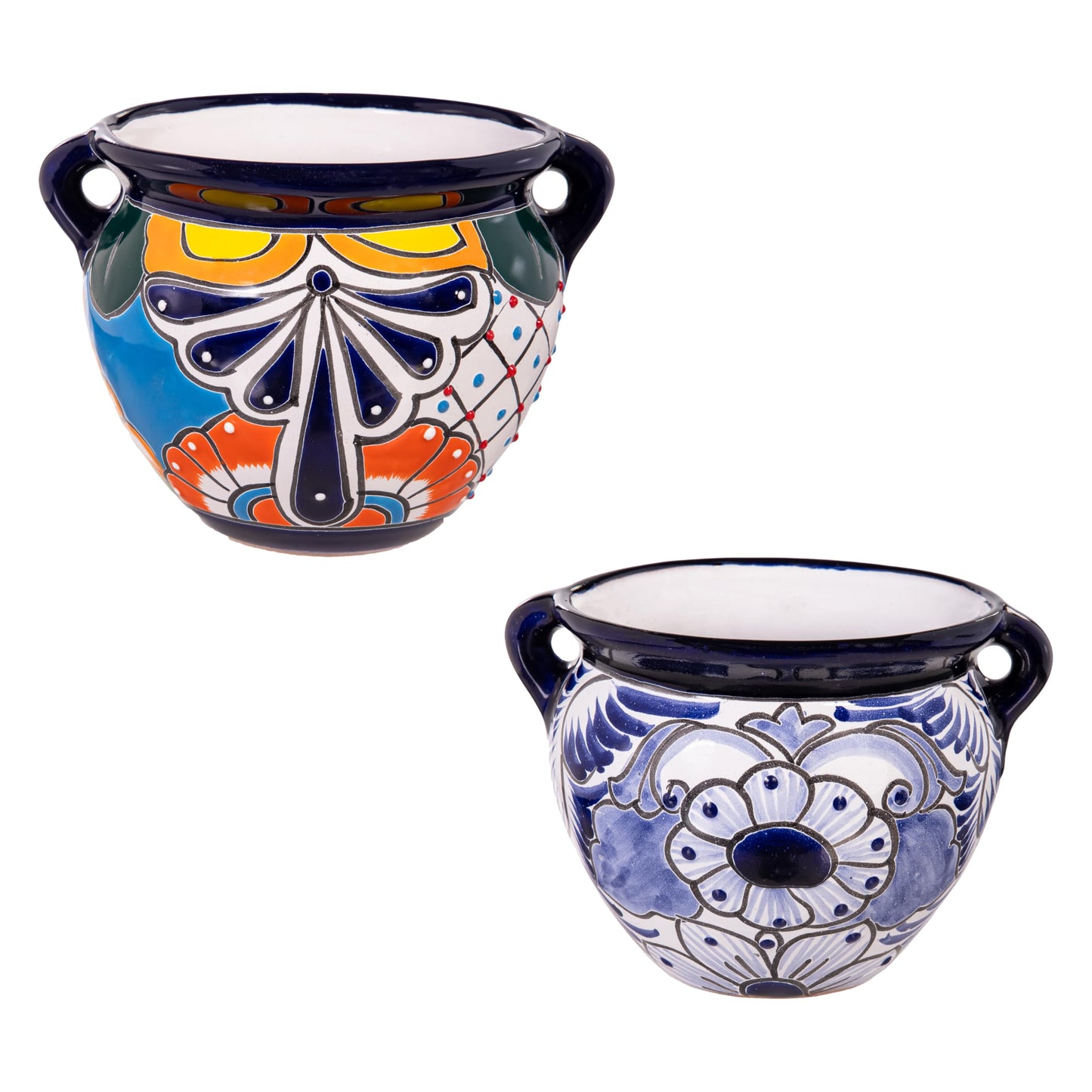 Evergreen 7 inch Talavera planters, Set of 2, Mexican Pottery Ceramic Mini Jug, Flower Pot Plant Succulent, Indoor Outdoor