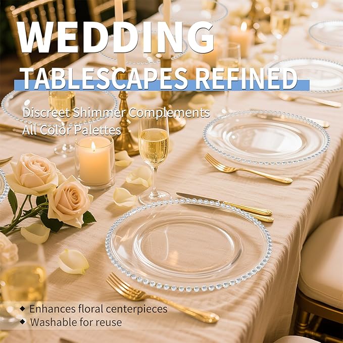 24 Pack Clear Charger Plates Bulk Wedding, 13 Inch Plastic Round Dinner Chargers with Silver Beaded Rim, Acrylic Round Decorative Plates for Wedding Party Home and Tabletop Decor (Silver)