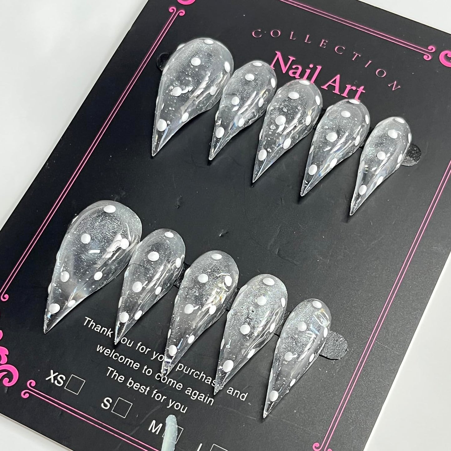 Handmade Press on Nails Medium Stiletto Fake Nails Unique Eagle Claw Thick Acrylic Nails Transparent False Nails with Polka Dots Glitter Cat Claw Designs Glossy Glue on Nail Sturdy Nail Art 10Pcs(S)