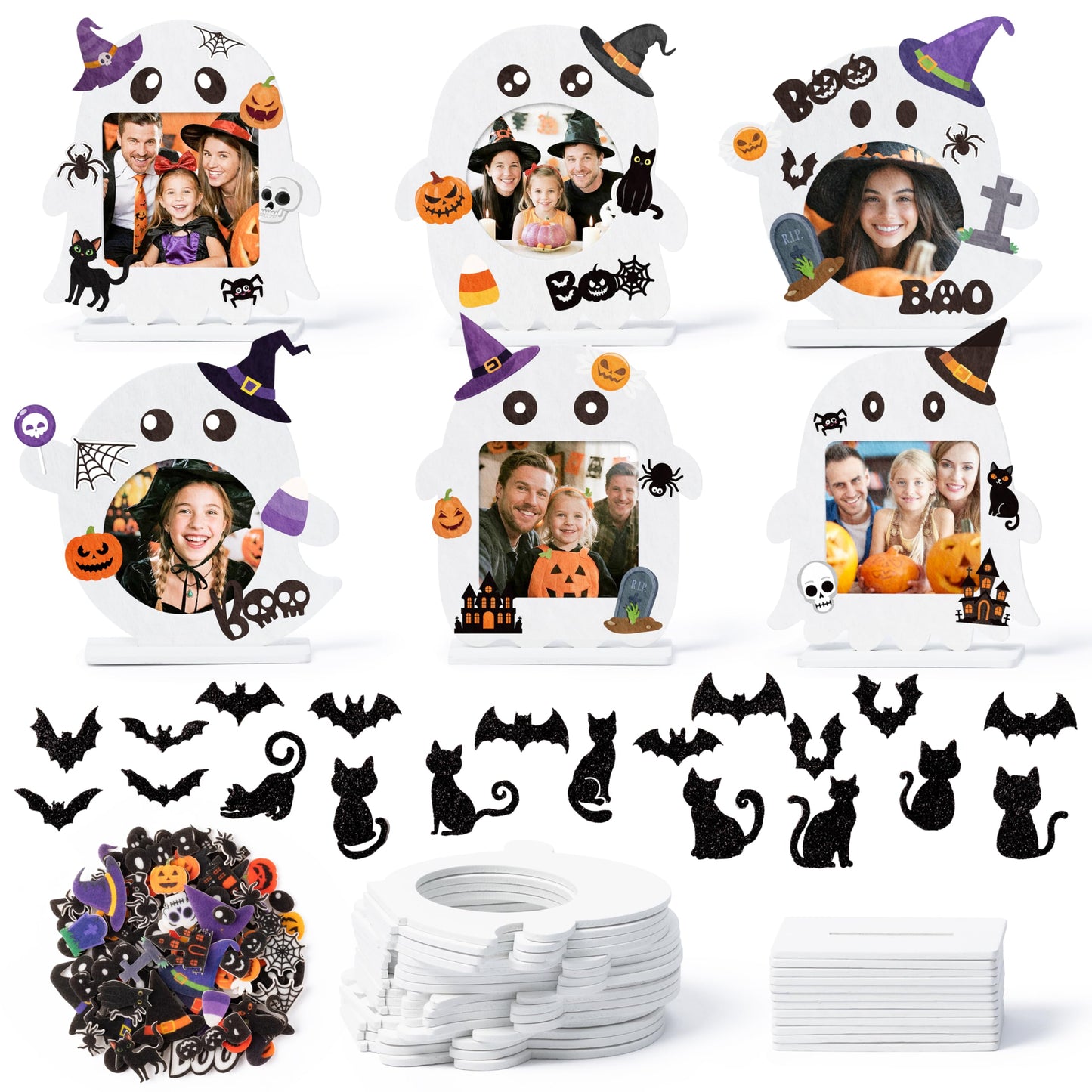 TICIAGA Halloween Ghost Photo Frame Craft - 16 Set Unfinished Halloween Wood Picture Frame Craft Kit with Sticker for Kids Classroom Activities, DIY Trick or Treat Spooky Ghosts Table Decor for Home