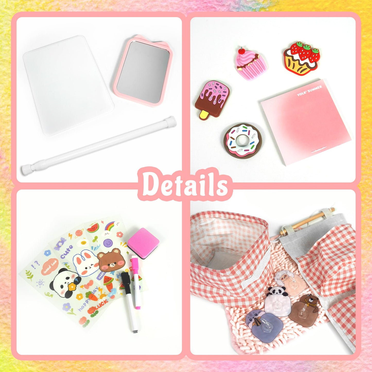 Tazimi Locker Accessories Kit with Magnetic Whiteboard, Mirror, Hook, Rug, Storage Bag, Pen Holder - Back to School Essentials for Girls' Locker Organizer