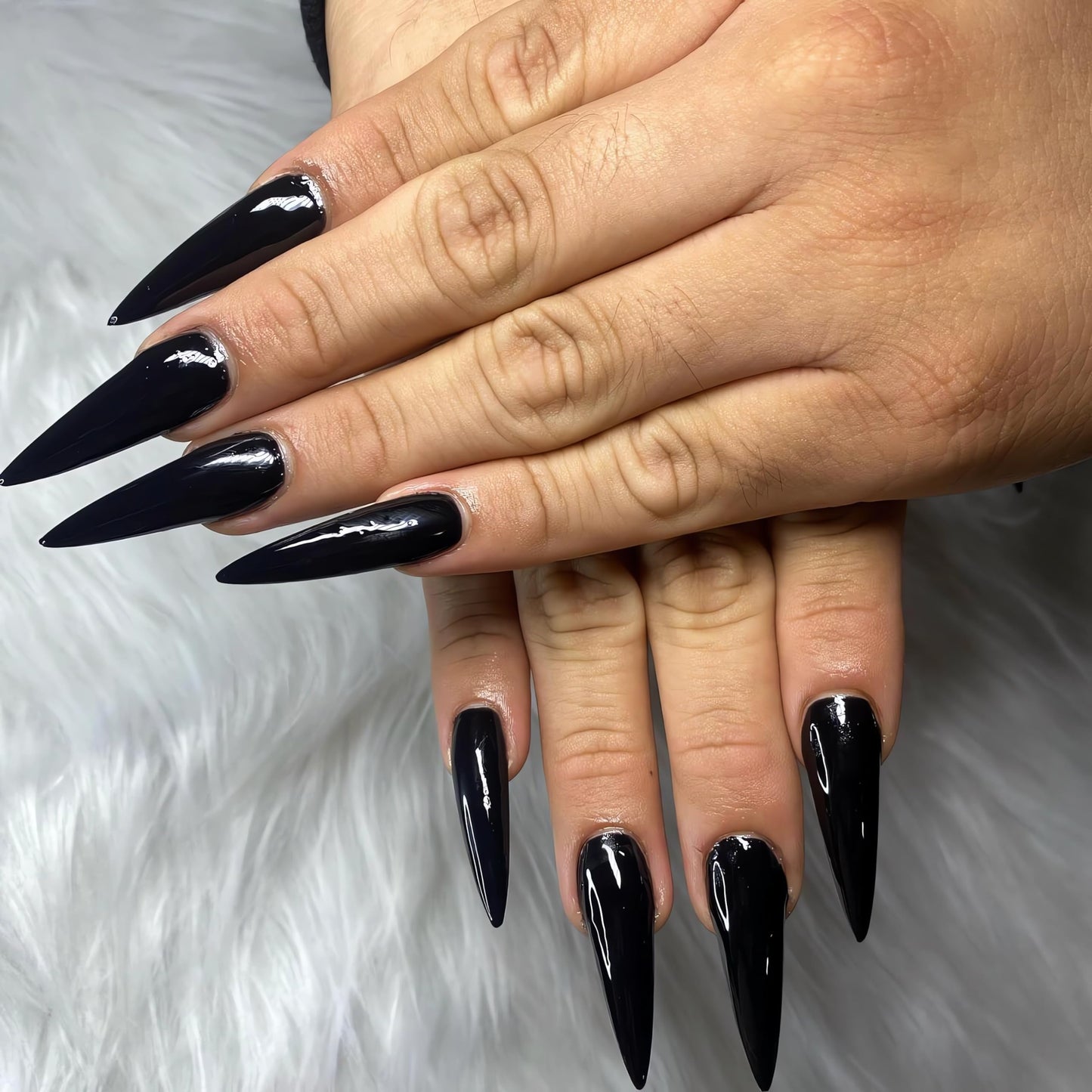 IMSOHOT Stiletto Press on Nails Extra Long Fake Nails All Black Glossy False Nails with Designs Full Cover Solid Color Acrylic Almond Glue on Nails for Women 24Pcs