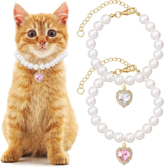 Mxxipp 2pcs Pearl Collar for Cat Puppy, Small Cute Heart Shape Rhinestone Pet Necklace, Adjustable Wedding Party Pet Jewelry Accessories for Puppy Kitten- Green & Pink