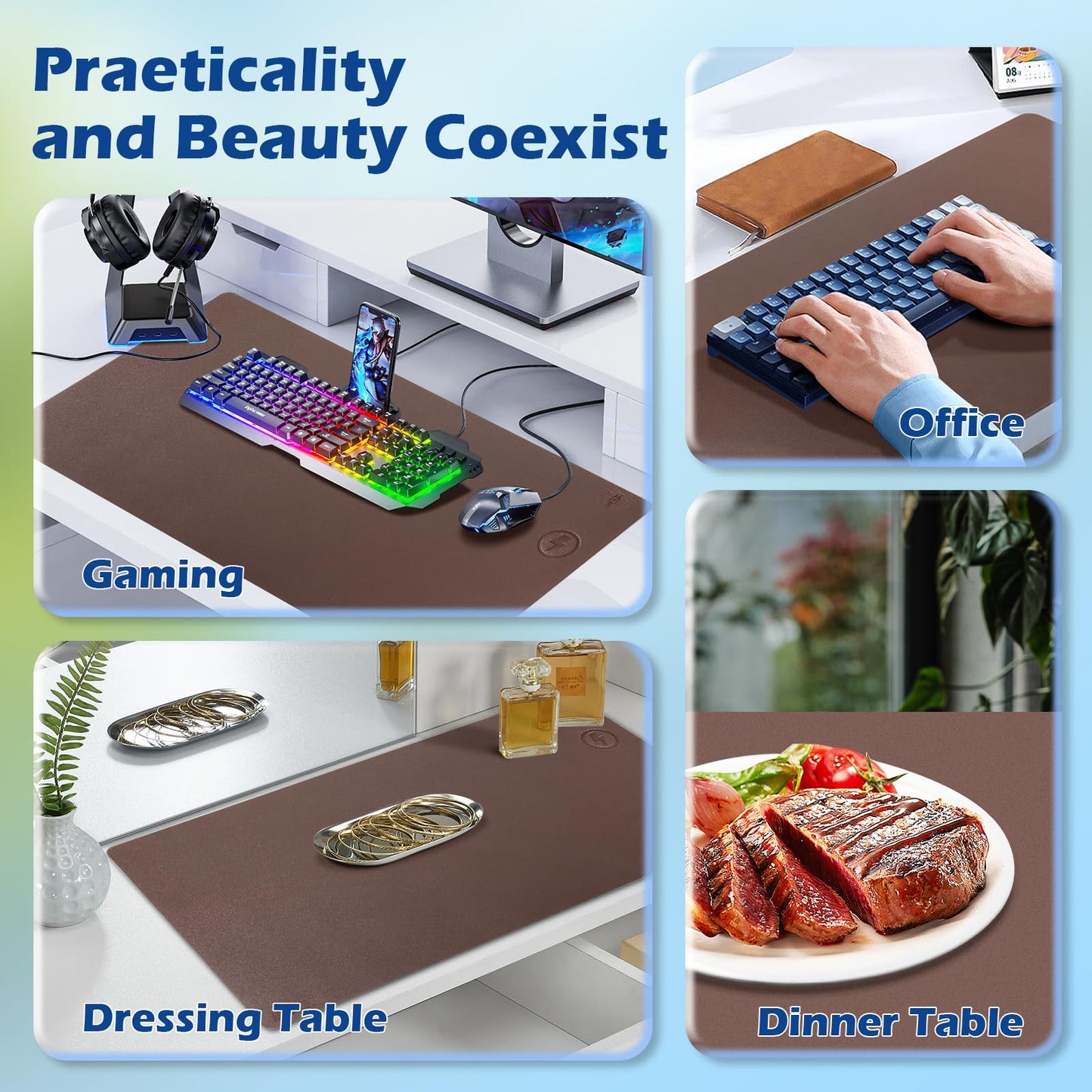 Wireless Charging Desk Mat with Desk Pad for Desktop Charging Large Mouse Pad Waterproof Leather Computer Mat Mouse Pad Non-Slip Protector on Top of Desks for Keyboard and Mouse (brown-r, 32*16inch)