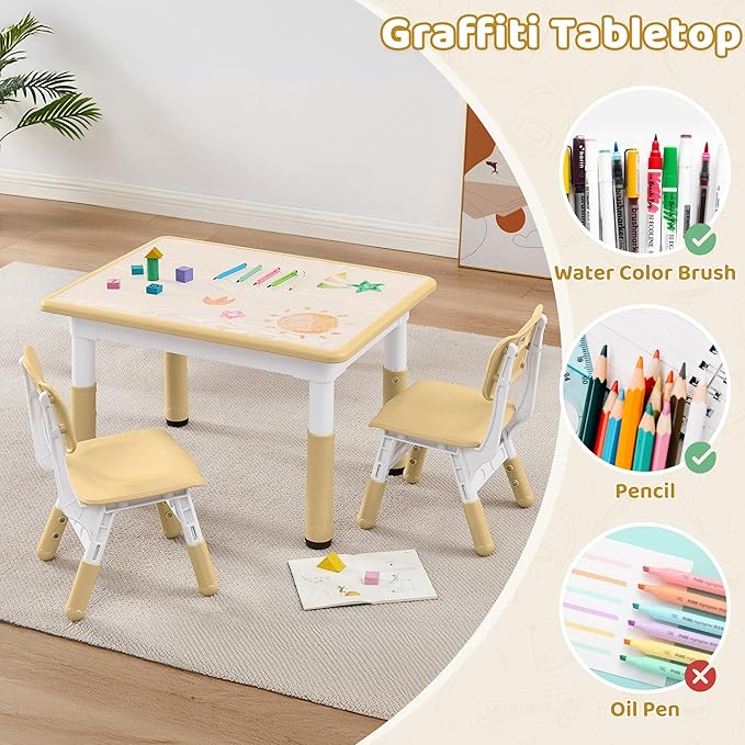 Adjustable Kids Table Chairs Set – Graffiti Desktop, Multi-Activity Height-Adjustable Toddler Study Desk for Ages 3-8 – Ideal for Home, Classroom, Daycare (W-Brown, 2 Chairs-31.5" L x 23.6" W)