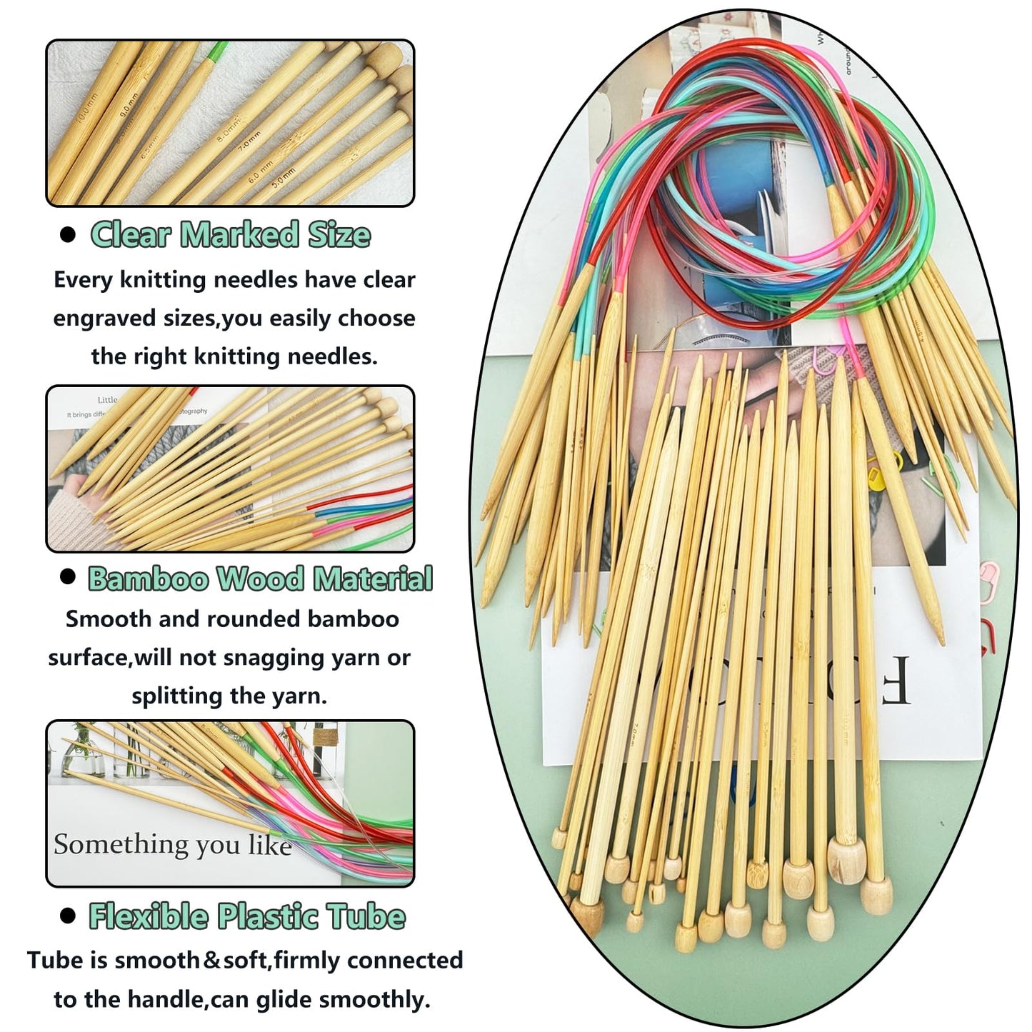 Hobekoee Knitting Needles Set,36 PCS 9.8" Straight Single Pointed Bamboo Knitting Needles ＆ 18 Pairs 31.5” Bamboo Circular Knitting Needles Set with Colorful Plastic Cable,18 Sizes: 2mm-10mm