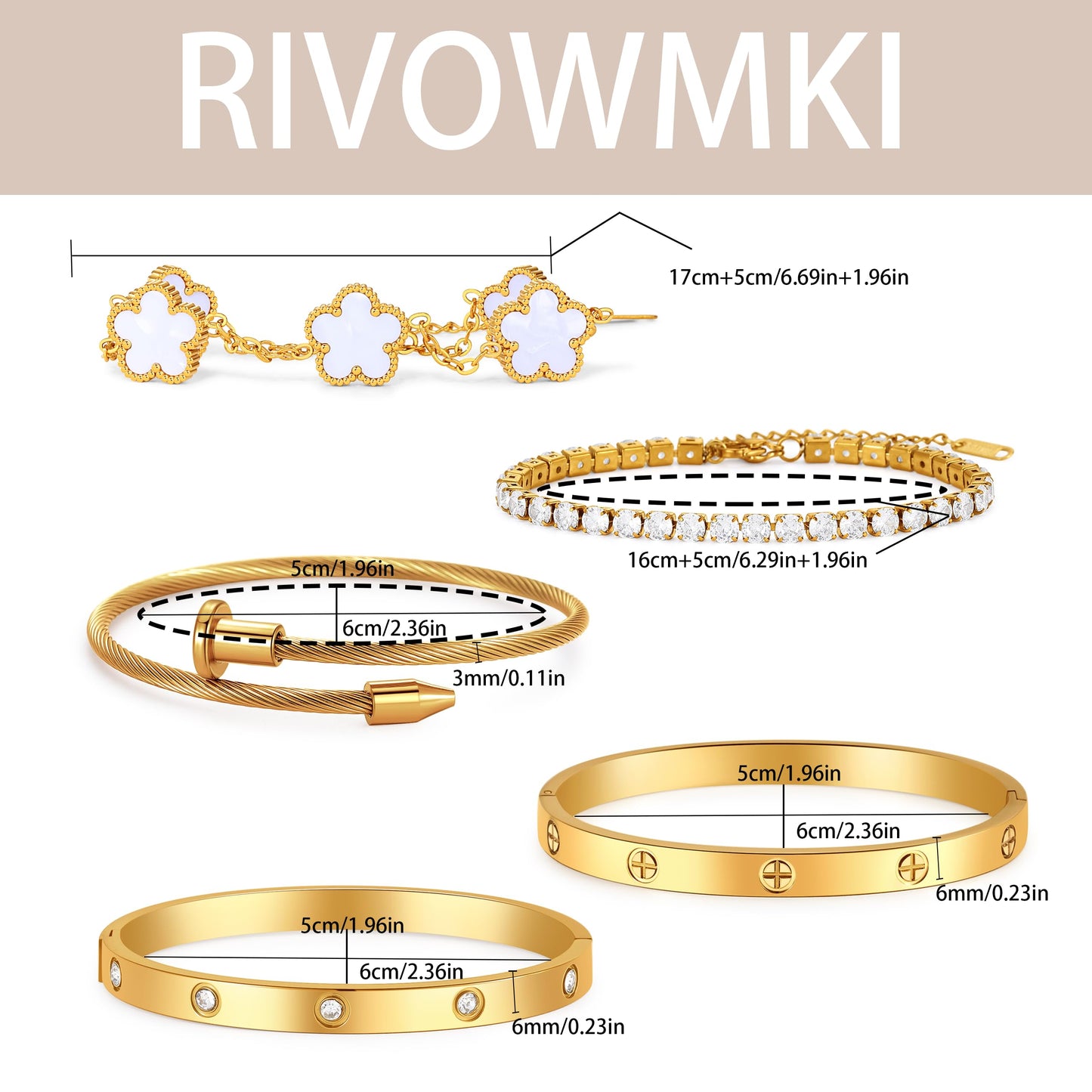 RIVOWMKI 18K Gold Plated Bracelet Set for Women, Sparkling CZ Bangle Adjustable Tennis Bracelet, Stackable Clover Jewelry, Non Tarnish Non Fade Long Lasting Shine for Client Meeting Afternoon Tea