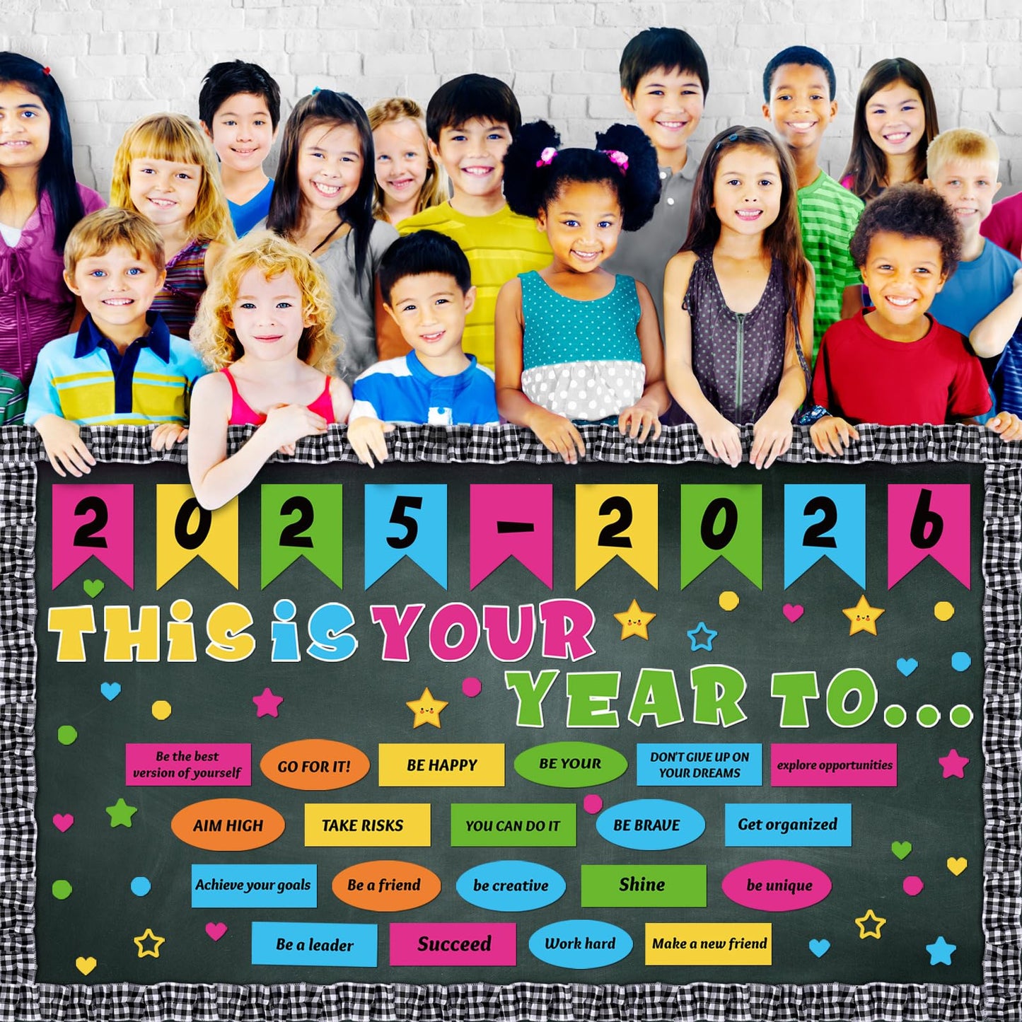 Feifeiya 81 Pcs This is Your Year Bulletin Board Set Classroom Bulletin Board Decor Back to School Inspirational Cutouts with White Black Burlap Border for School Office Chalkboard Wall Decor