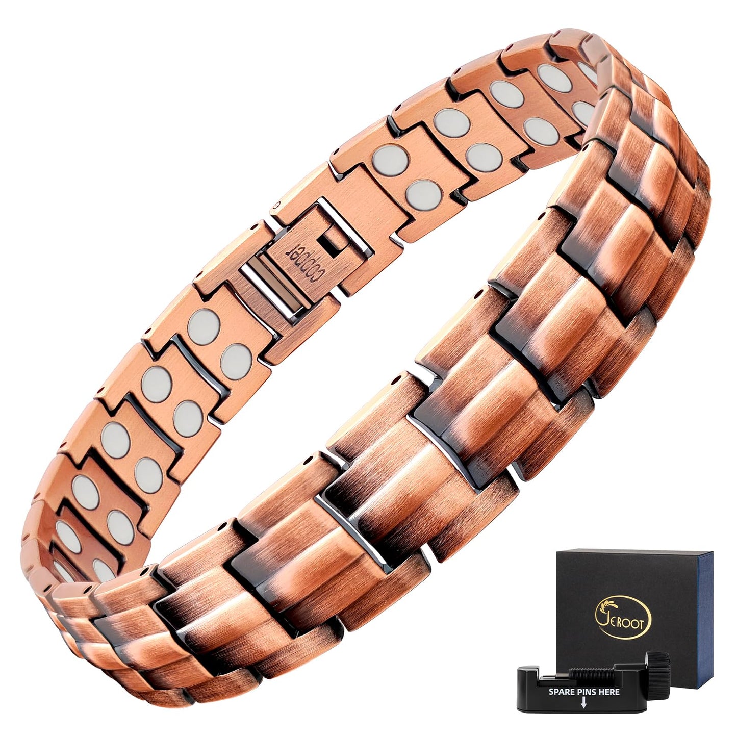 JEROOT Men's 99.99% Pure Copper Magnetic Bracelet, 3500 Gauss Magnets Adjustable with Sizing Tool