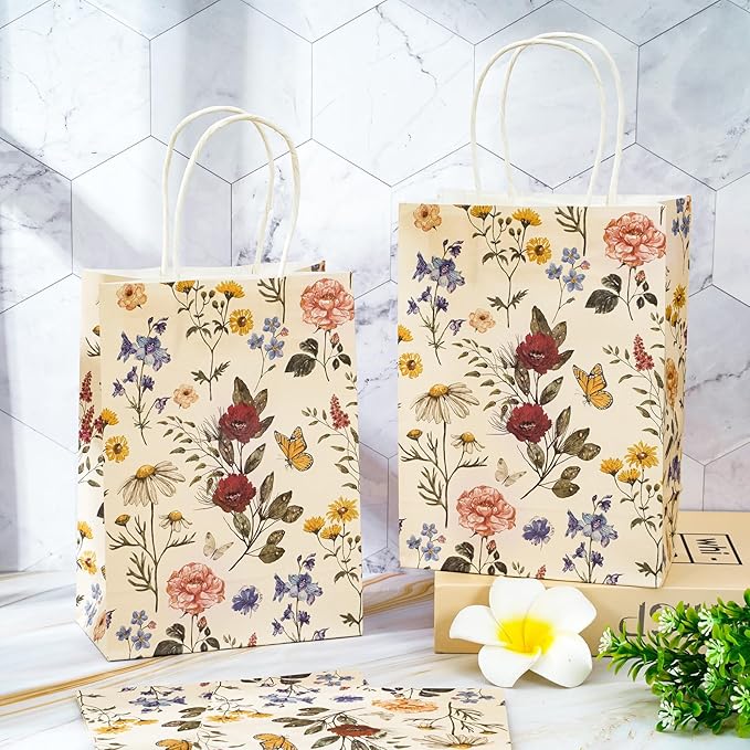 48Pcs Vintage Wild Floral Paper Gift Bags With Handles - Wildflower Print Treat Bags for Grocery Shopping, Candy, Baby Shower, Wedding Party Supplies