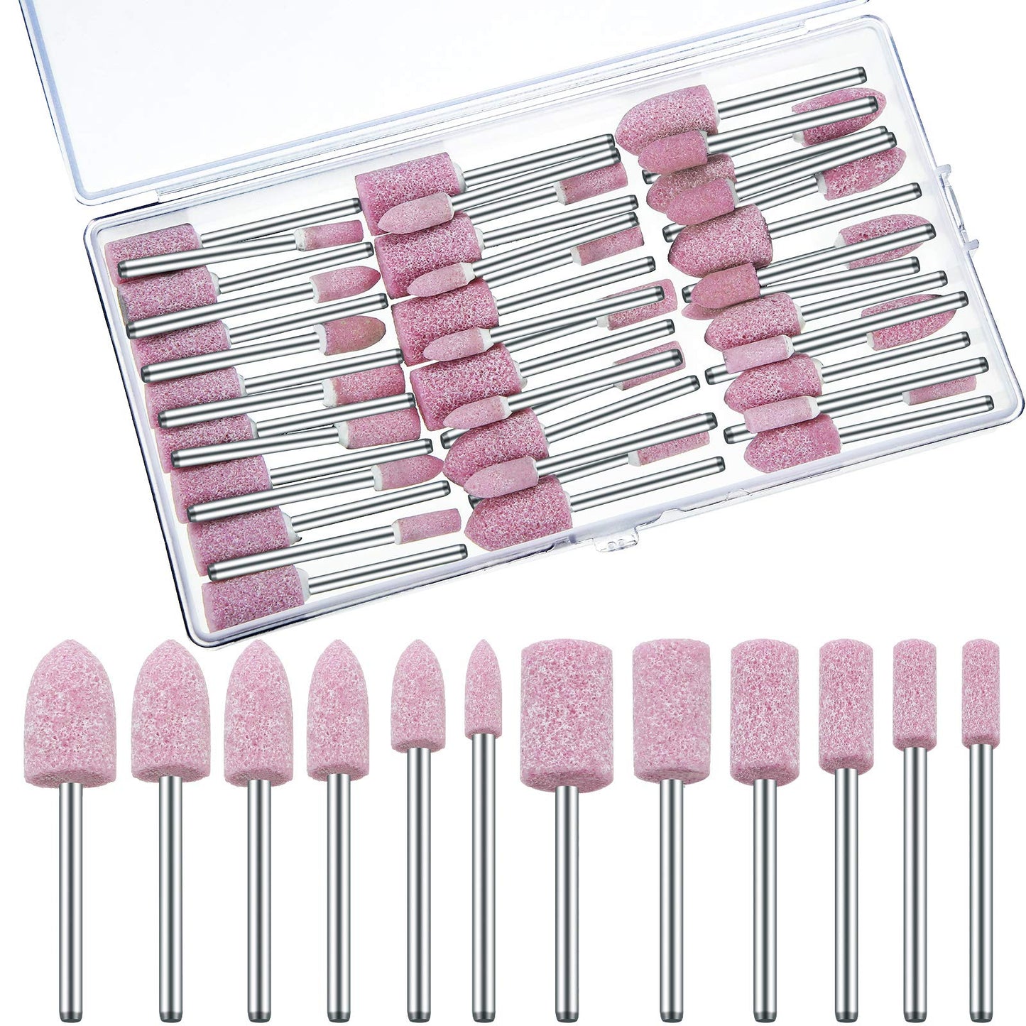 Maitys 48 Pieces Abrasive Mounted Stone Grinding Wheel Head Mounted Grinding Point Stone Heads with Box Compatible with Dremel Rotary Tool, 0.12 Inch Shank and 6 Sizes(Pink,Aluminium Oxide)