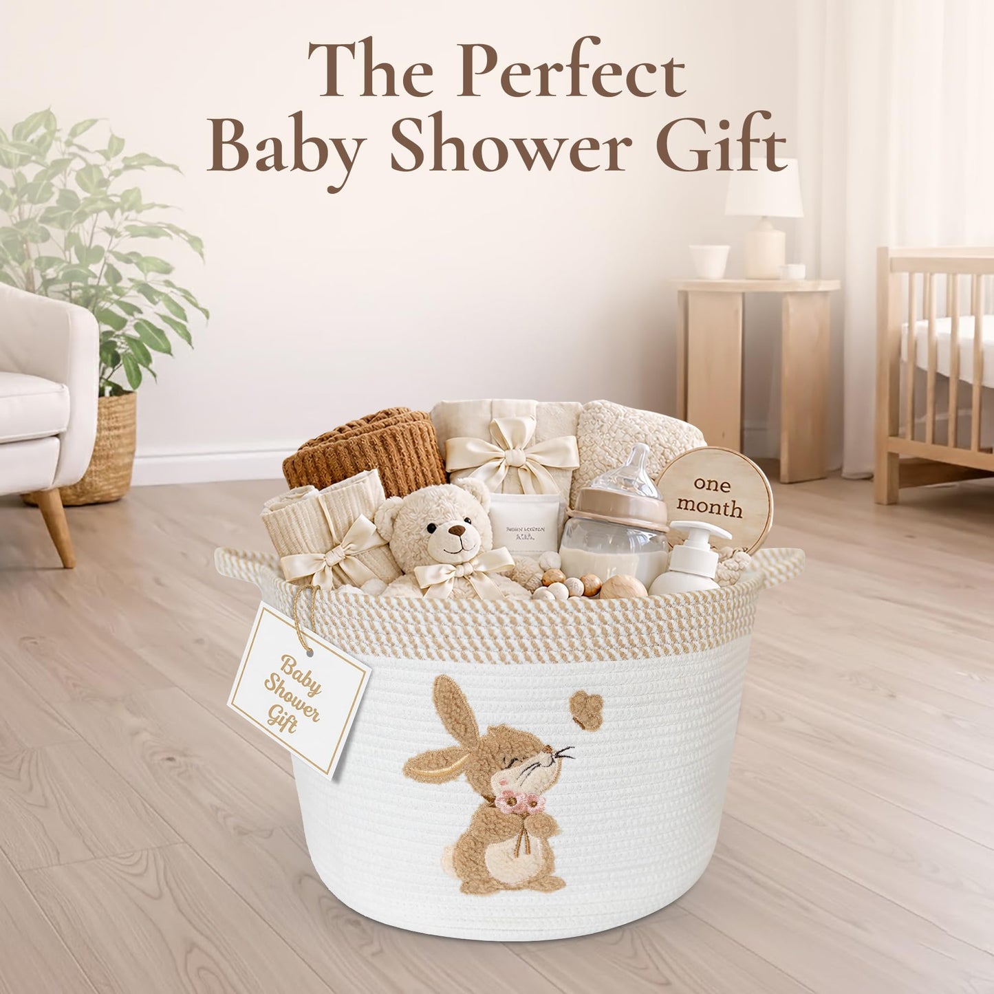 Bunny Storage Basket for Nursery – Large 15"x11" Cotton Rope Bin with Soft Embroidered Bunny Patch – Toy Organizer, Baby Laundry Hamper, Blanket & Diaper Holder – Foldable, Washable & Baby-Safe