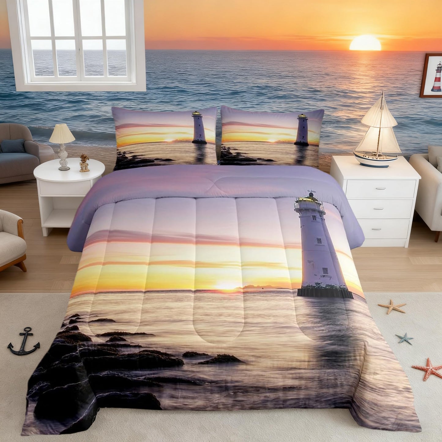 Castle Fairy White Lighthouse Comforter Set Queen Size Natural Sea Sunset Bedding Set Bedroom Decor Coastal Scenery Quilt Set Comfortable and Breathable 3D Lighthouse Duvet Insert with 2 Pillowcases