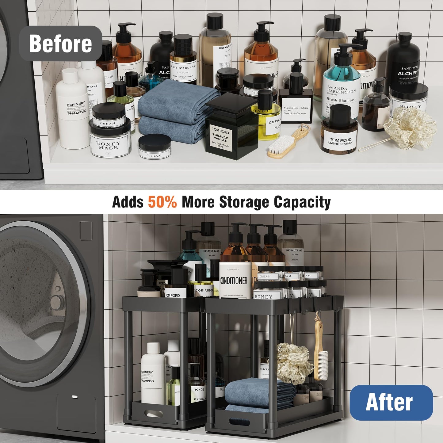 POUGNY 2 Pack Pull-Out Storage Organizers, Under Sink Organizer and Storage for Bathroom & Kitchen,Multi-Purpose Under Cabinet Organizers and storage Black