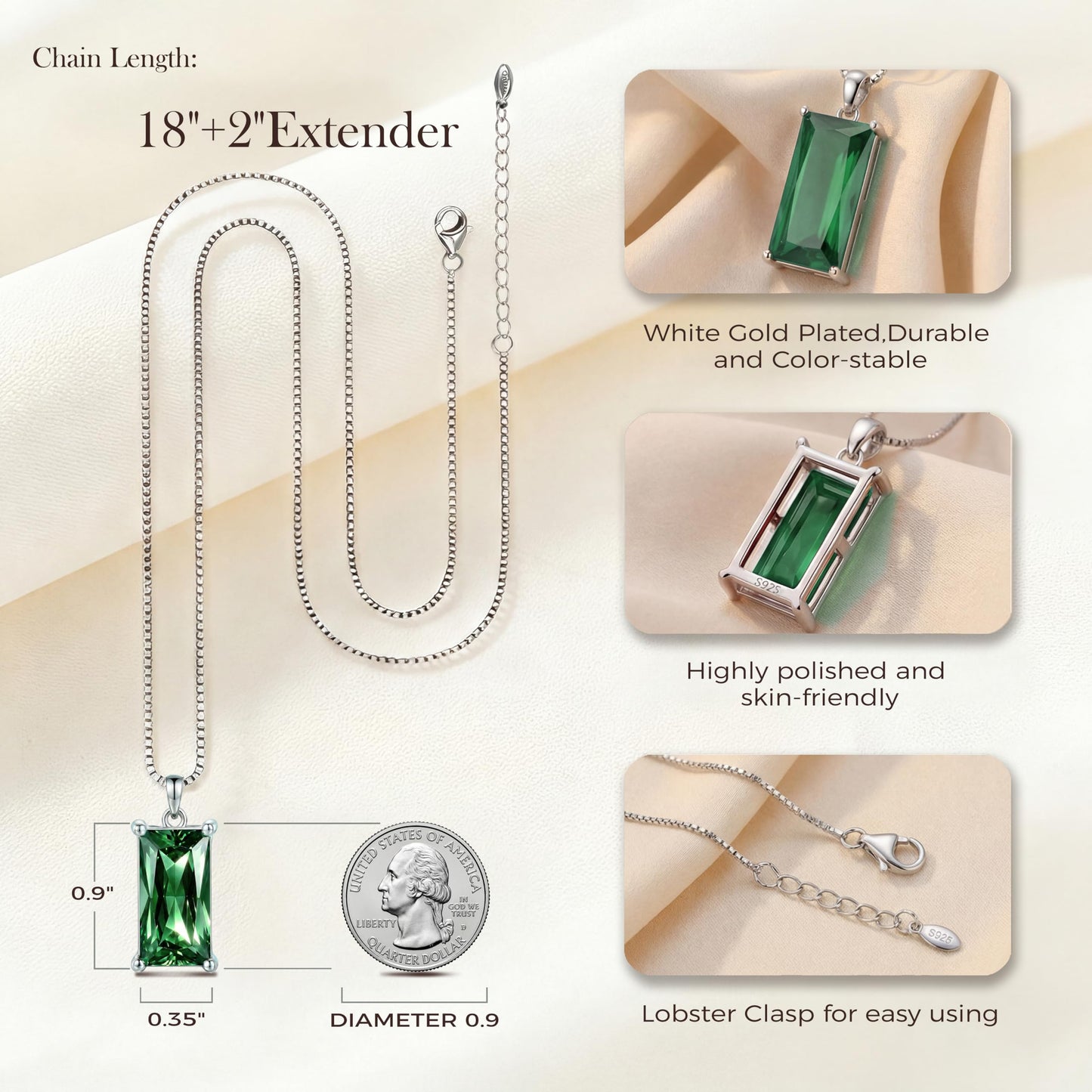Kuschelkatze 8mm x 16mm Square May Birthstone Emerald Pendant Necklace – Fashion charming Sterling Silver Gift for women