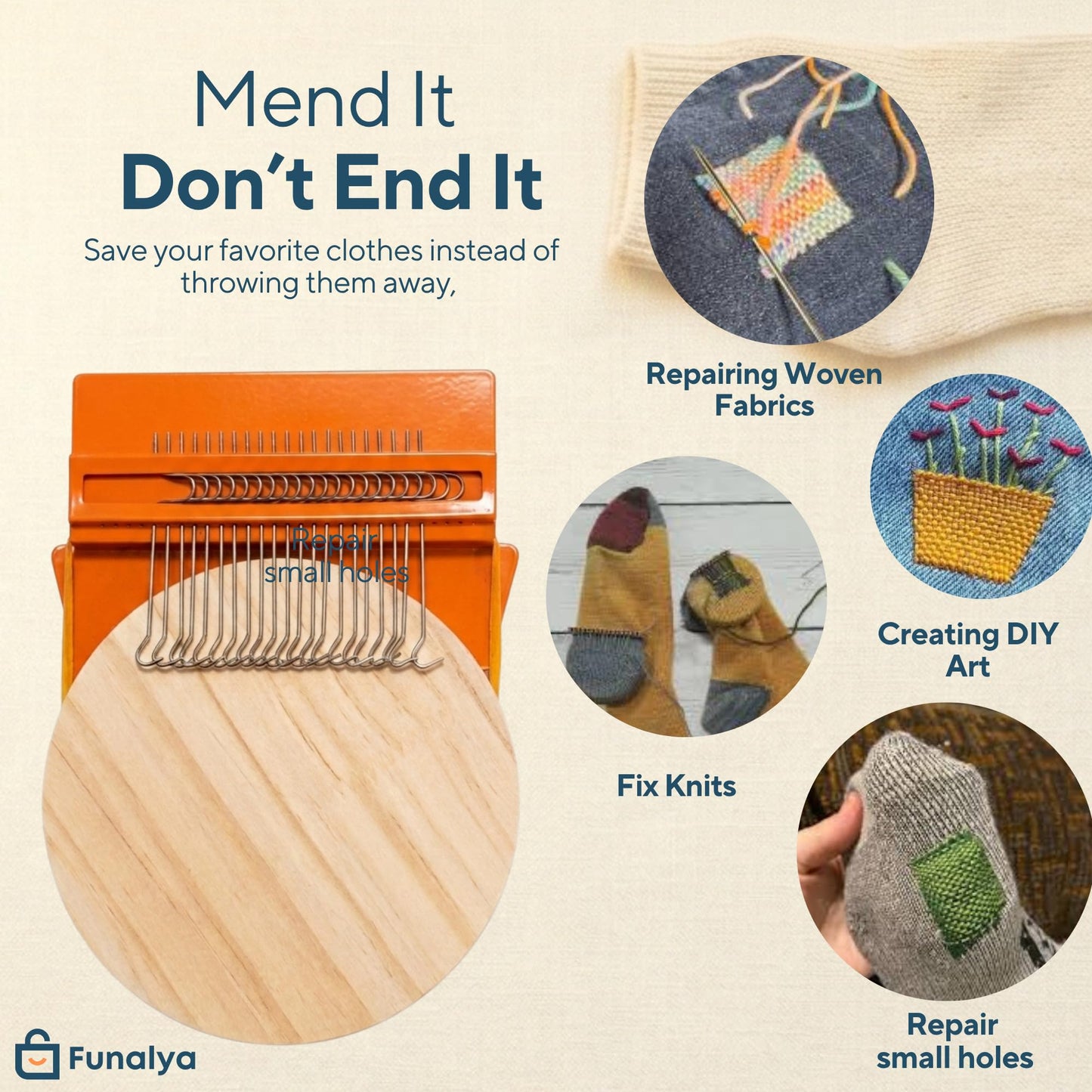 Funalya Darning Loom 21 Hooks Speedweve Mending Loom Kit for Visible Mending 2 Needles & 10+ Pattern Guide– Mini Patch Loom for Jeans Socks Repairs, Speed Weave Patchmaker Loom Small Darner Tool