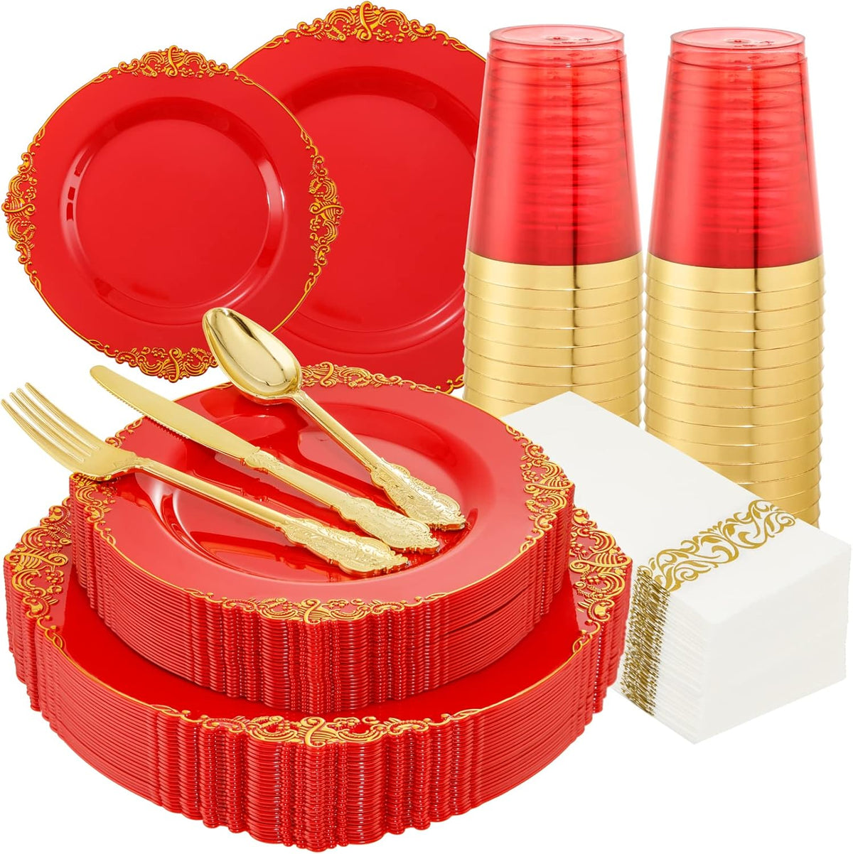 Morejoy 175PCS Red Plastic Plates,Red Disposable Plates With Gold Rim,Red and Gold Plastic Dinnerware Set Includes: 50 Plates,25 Silverware Sets,25 Cups,25 Napkins,Perfect for Party,Wedding