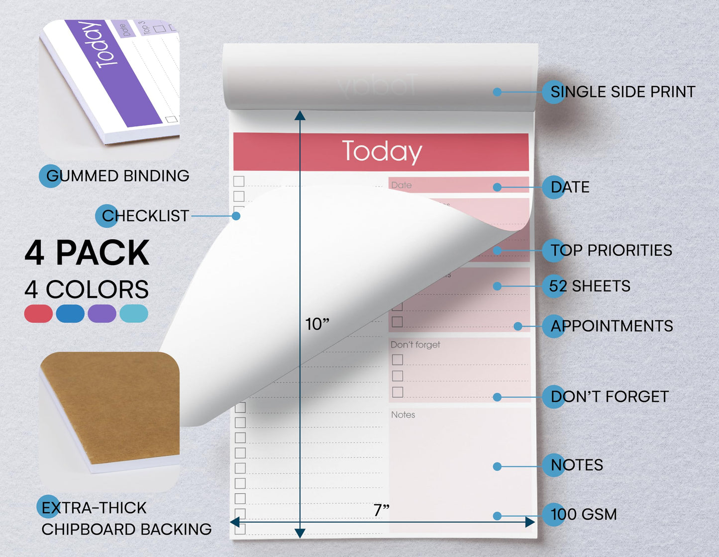 Better Office Products To Do List Notepad, 7" x 10" Today Note Pad, 52 Sheets, Daily Agenda Productivity Checklist Organizer (4 Pack)